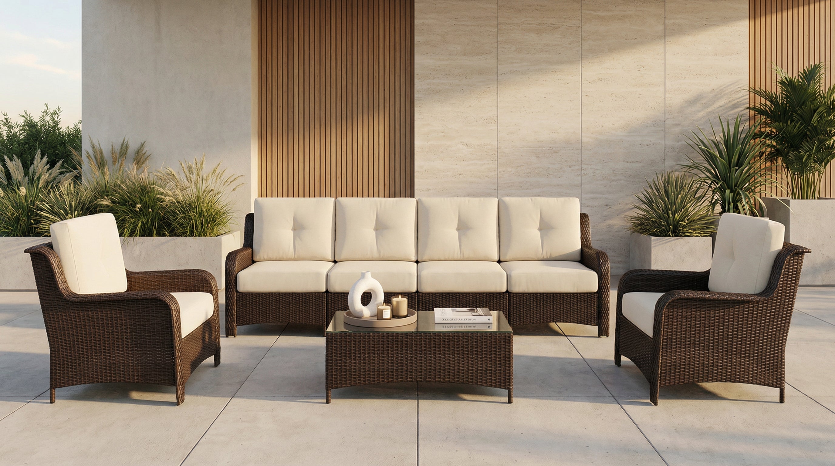 Fully Assembled Rainshield Patio Furniture - Summit 7-Piece High-Back Seating Set with Armchairs and 6" RainShield Cushions