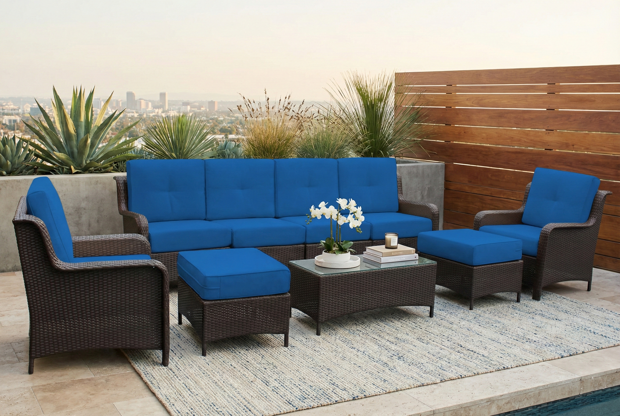 Fully Assembled Rainshield Patio Furniture - Summit 9-Piece Oversized High-Back Seating Set with 6" Rainshield Cushions