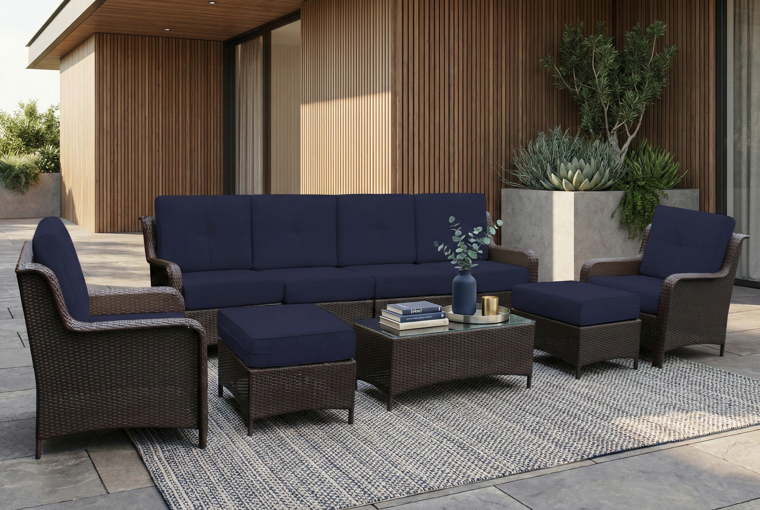 Fully Assembled Rainshield Patio Furniture - Summit 9-Piece Oversized High-Back Seating Set with 6" Rainshield Cushions