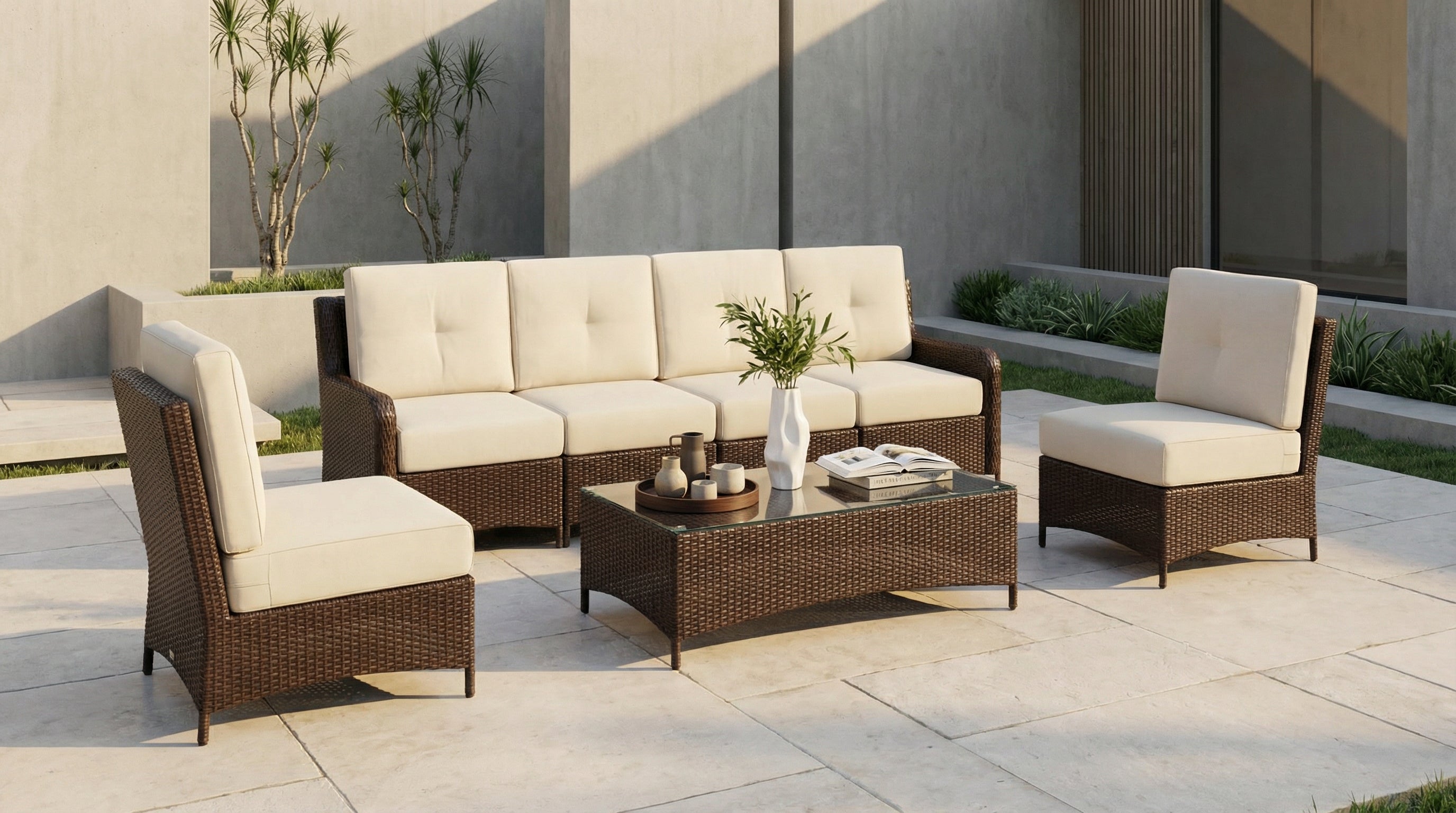 Fully Assembled Rainshield Patio Furniture - Summit 7-Piece High-Back Sectional with 6" RainShield Cushions