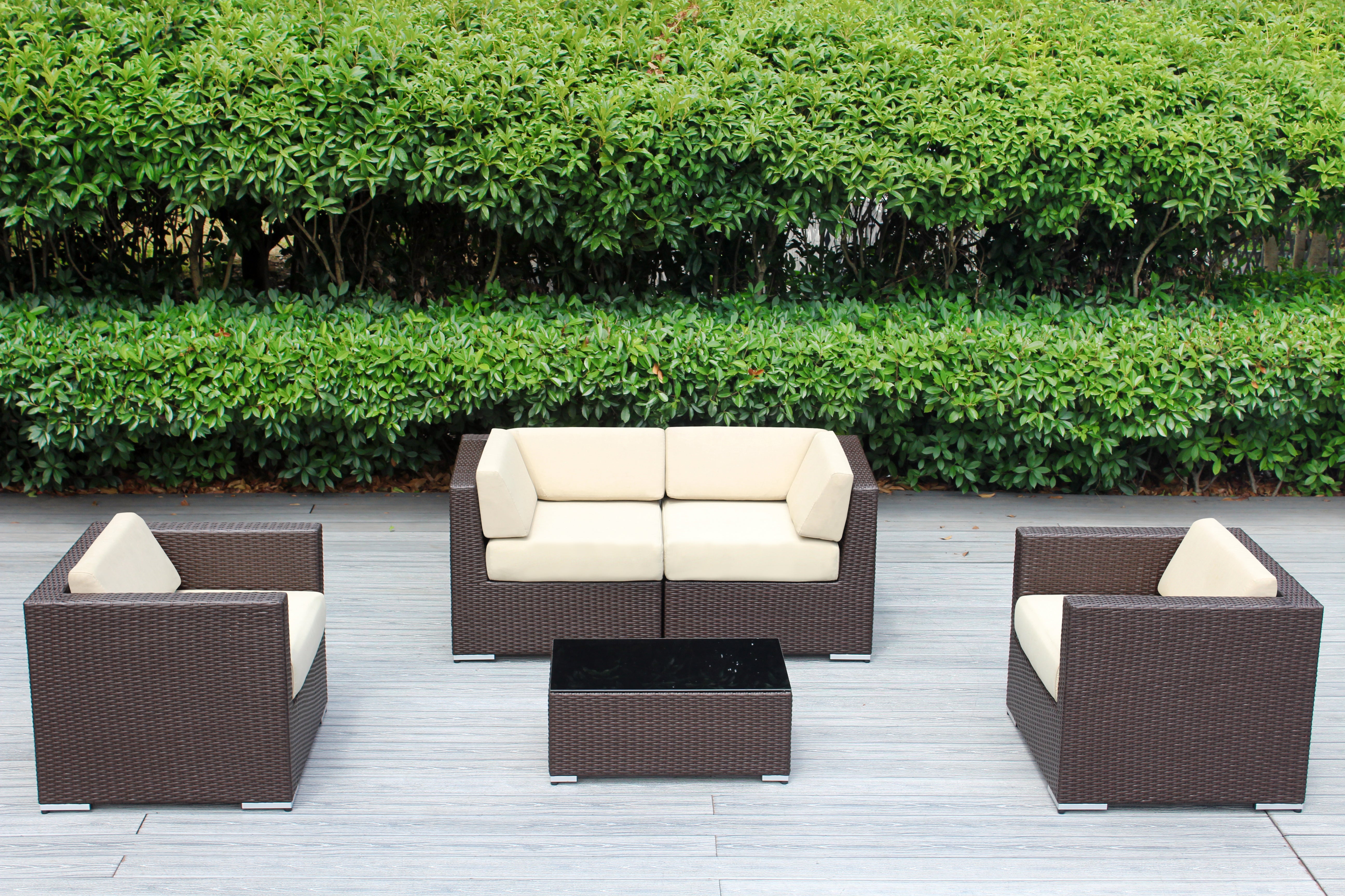 Fully Assembled Rainshield Patio Furniture - Ohana 5 Piece Sectional with Club Chairs and 6-inch Cushions