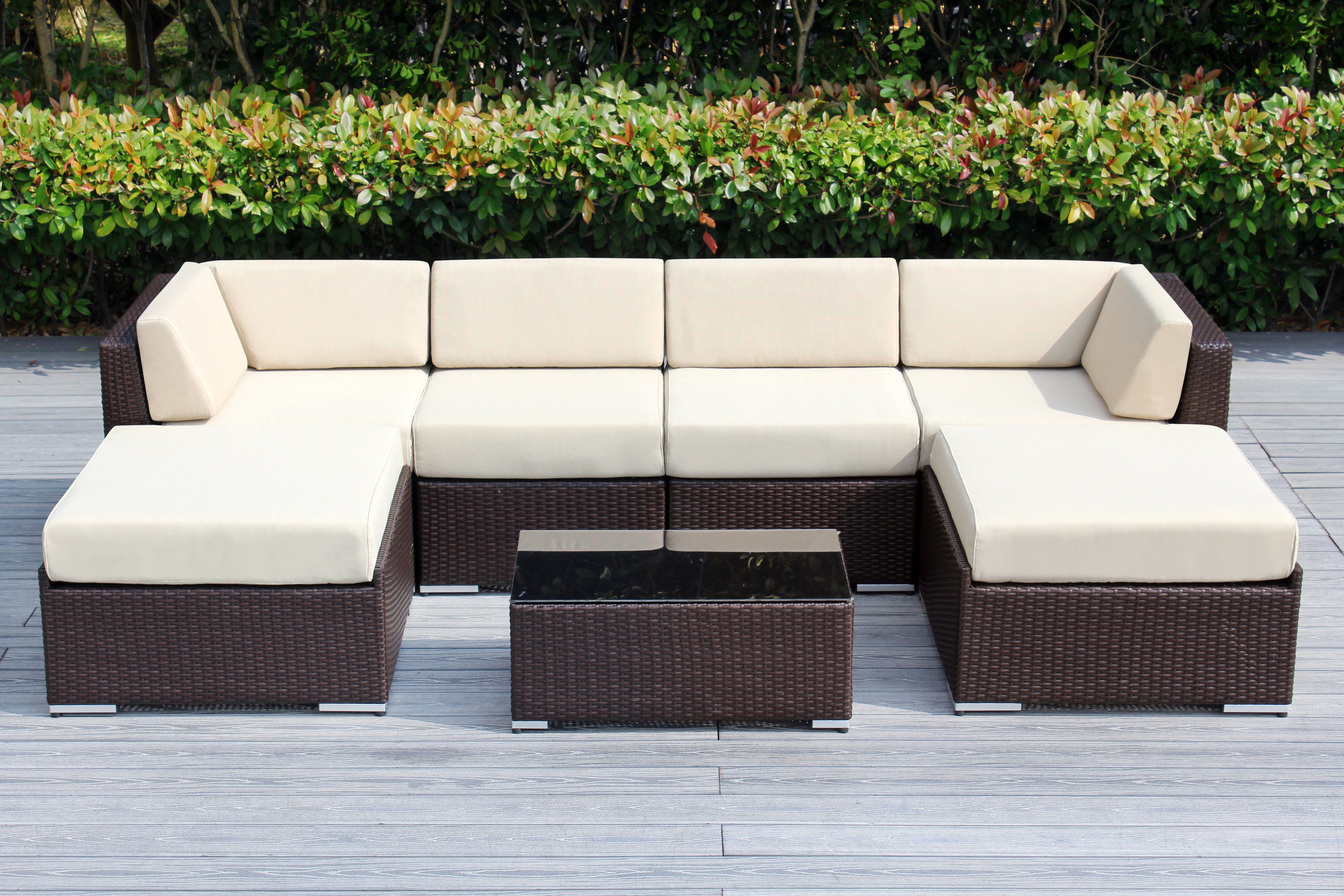 Fully Assembled Rainshield Patio Furniture - Ohana 7 Piece Sectional with Ottoman with 6-inch Water Protected Cushions
