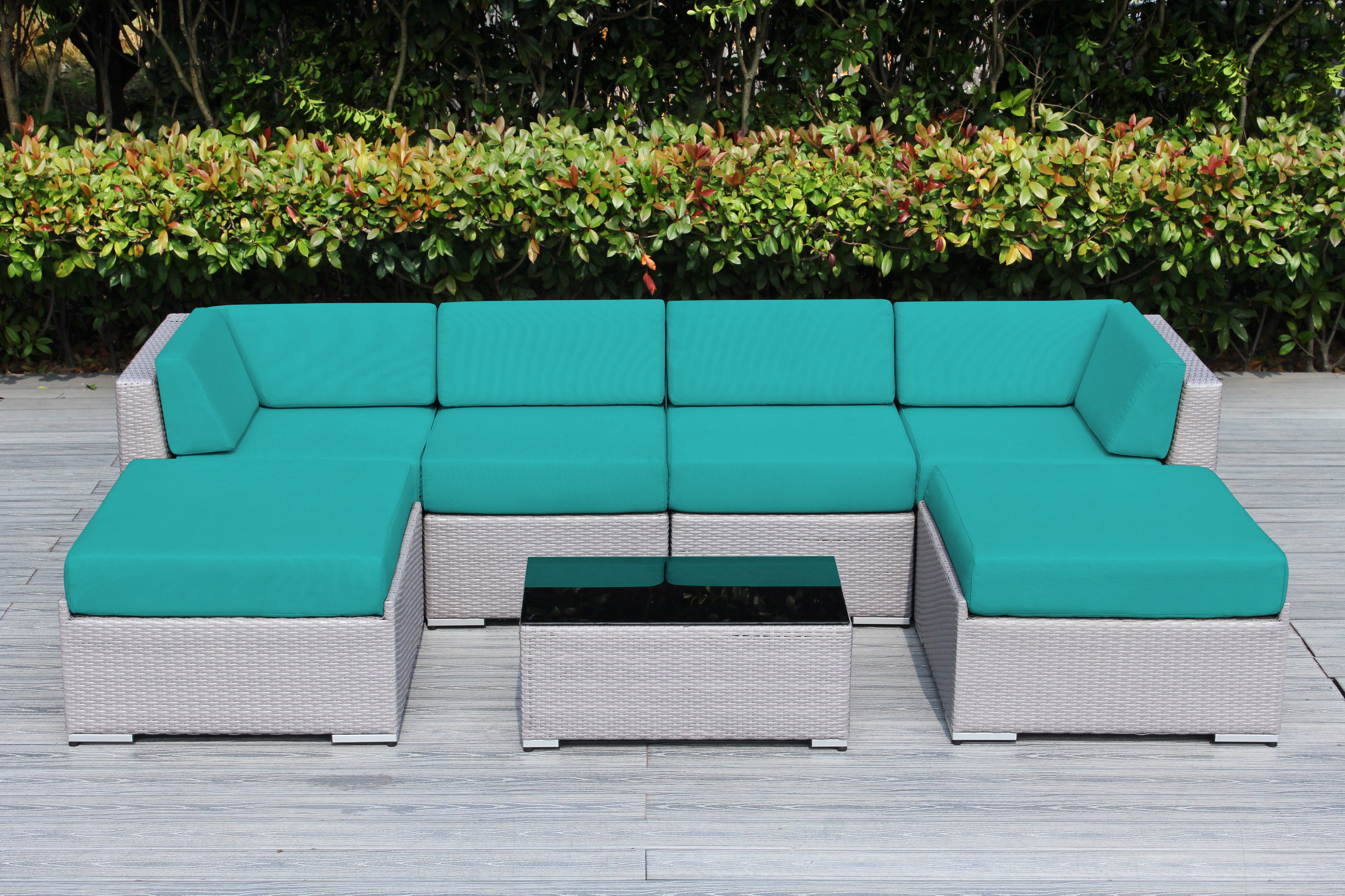 Fully Assembled Rainshield Patio Furniture - Ohana 7 Piece Sectional with Ottoman with 6-inch Water Protected Cushions