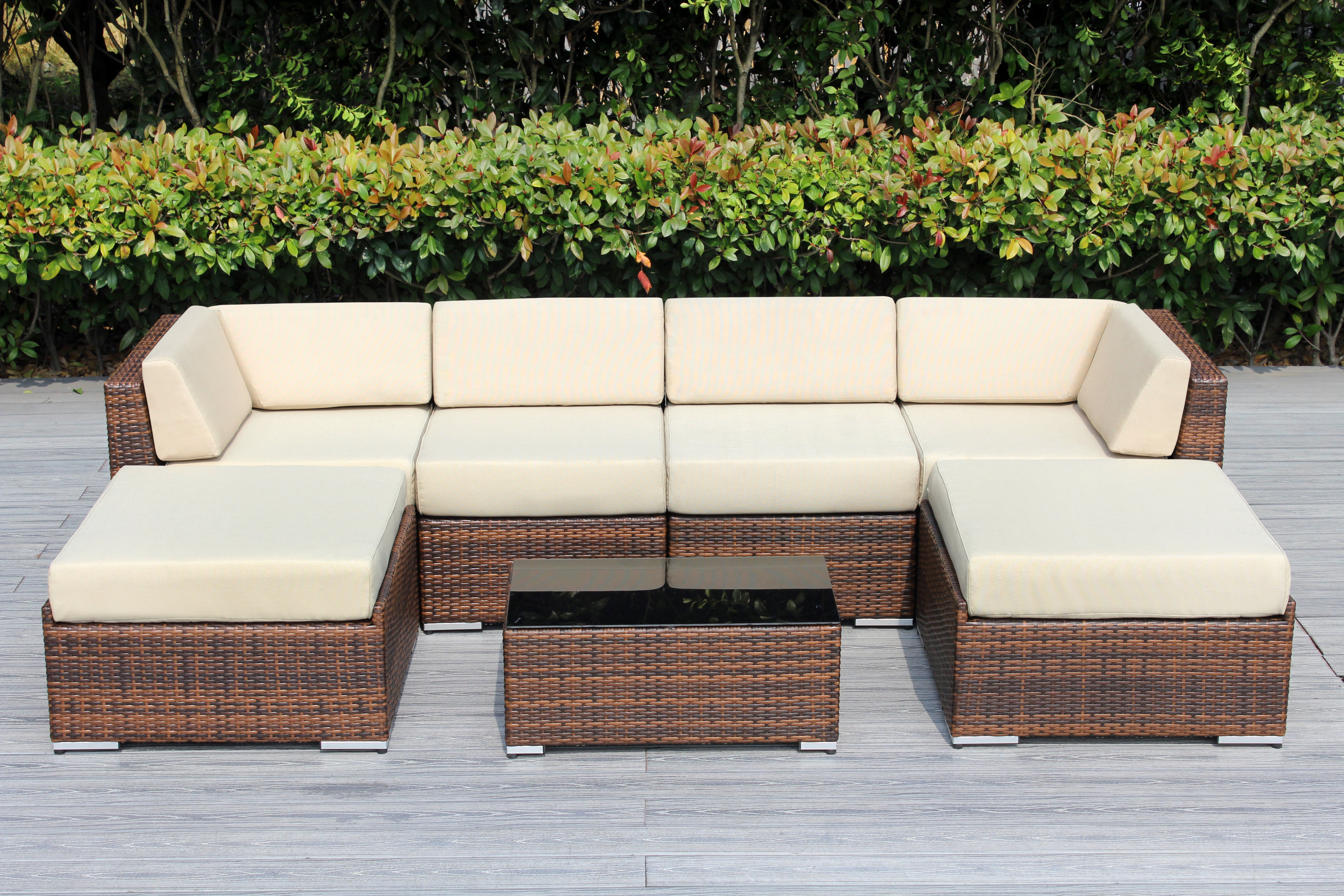 Fully Assembled Rainshield Patio Furniture - Ohana 7 Piece Sectional with Ottoman with 6-inch Water Protected Cushions