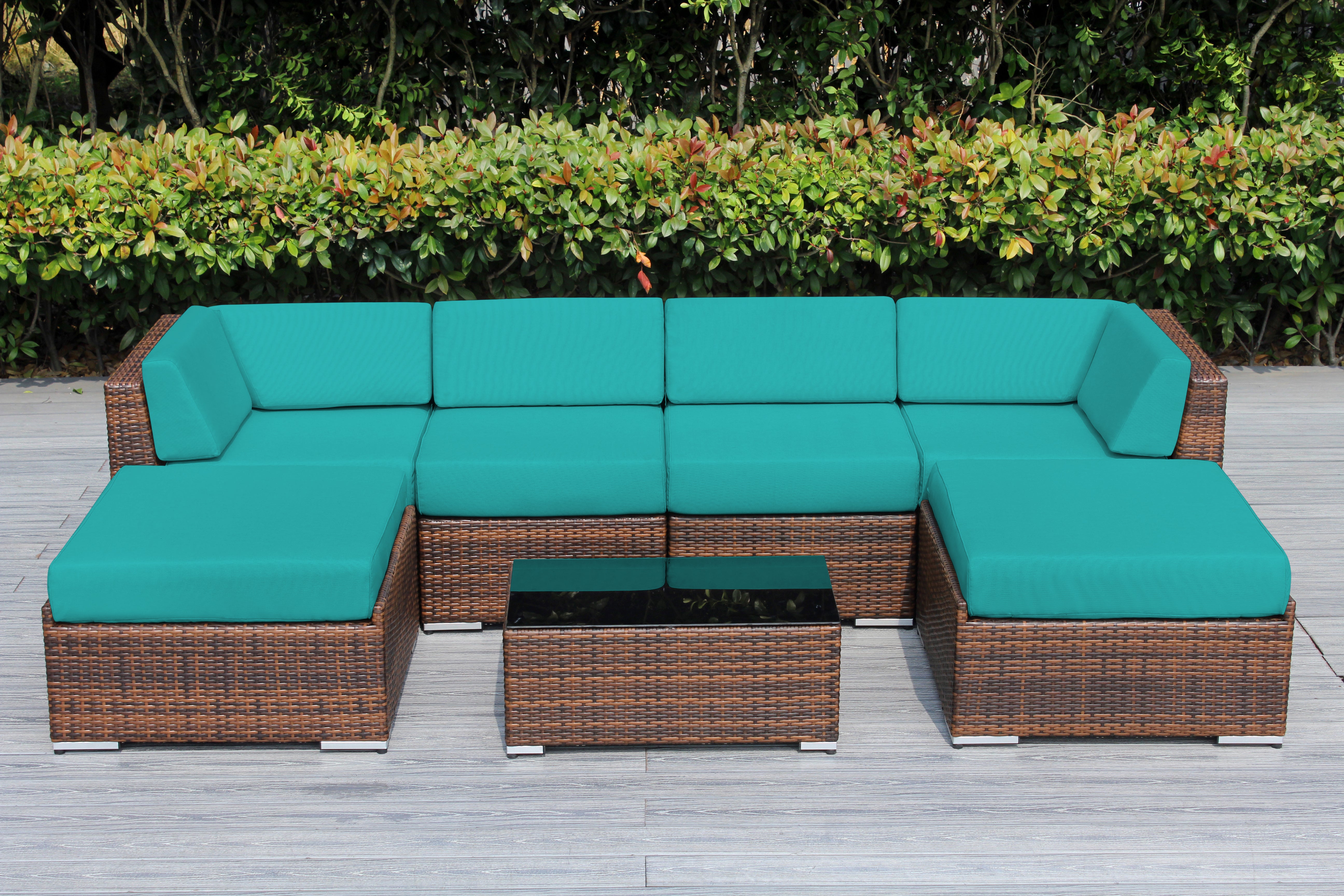 Fully Assembled Rainshield Patio Furniture - Ohana 7 Piece Sectional with Ottoman with 6-inch Water Protected Cushions