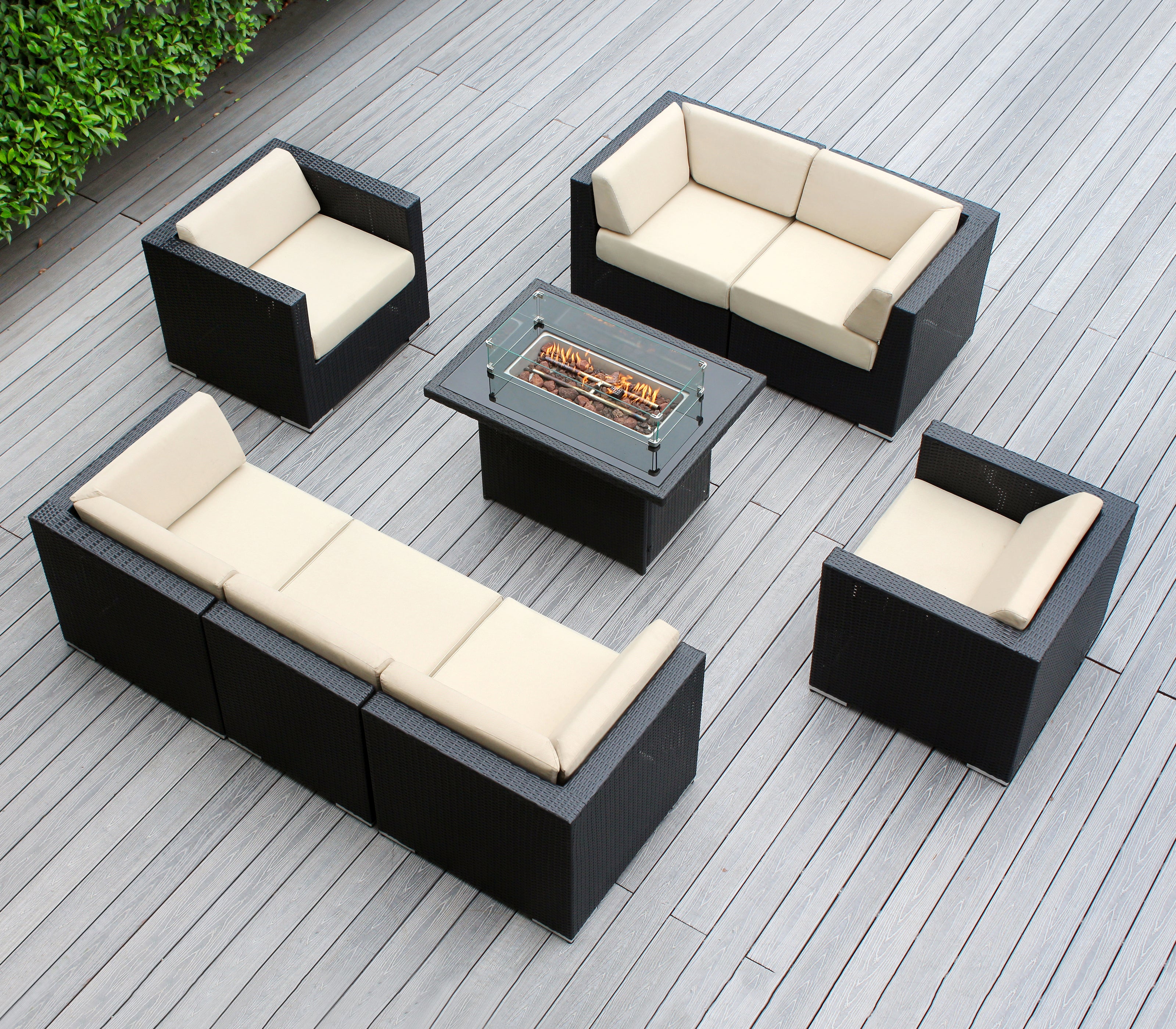 Rainshield Patio Furniture -8 Piece Sectional with Club Chairs 6" Cushions and 42" Fire Table - Starts at $1399