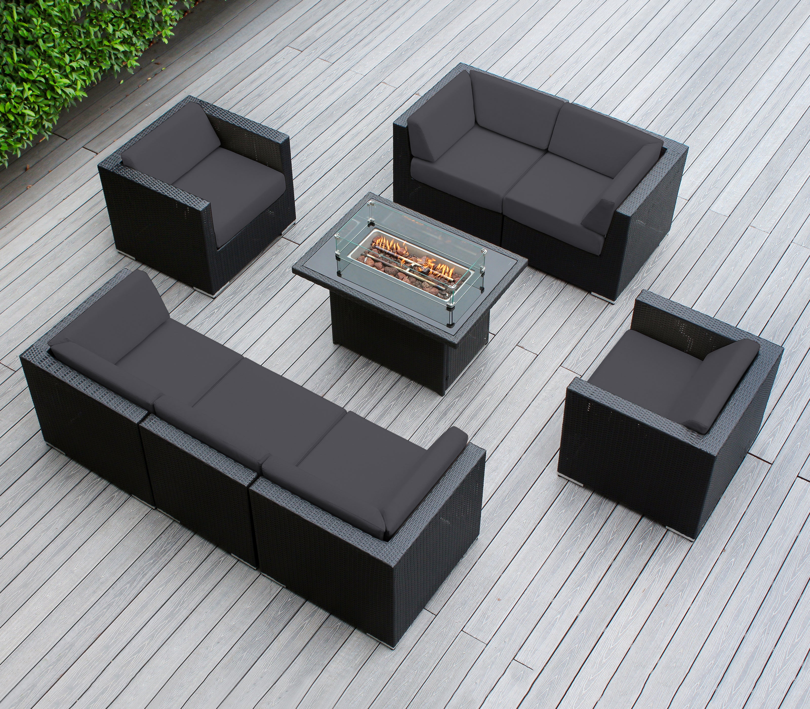 Rainshield Patio Furniture -8 Piece Sectional with Club Chairs 6" Cushions and 42" Fire Table - Starts at $1399