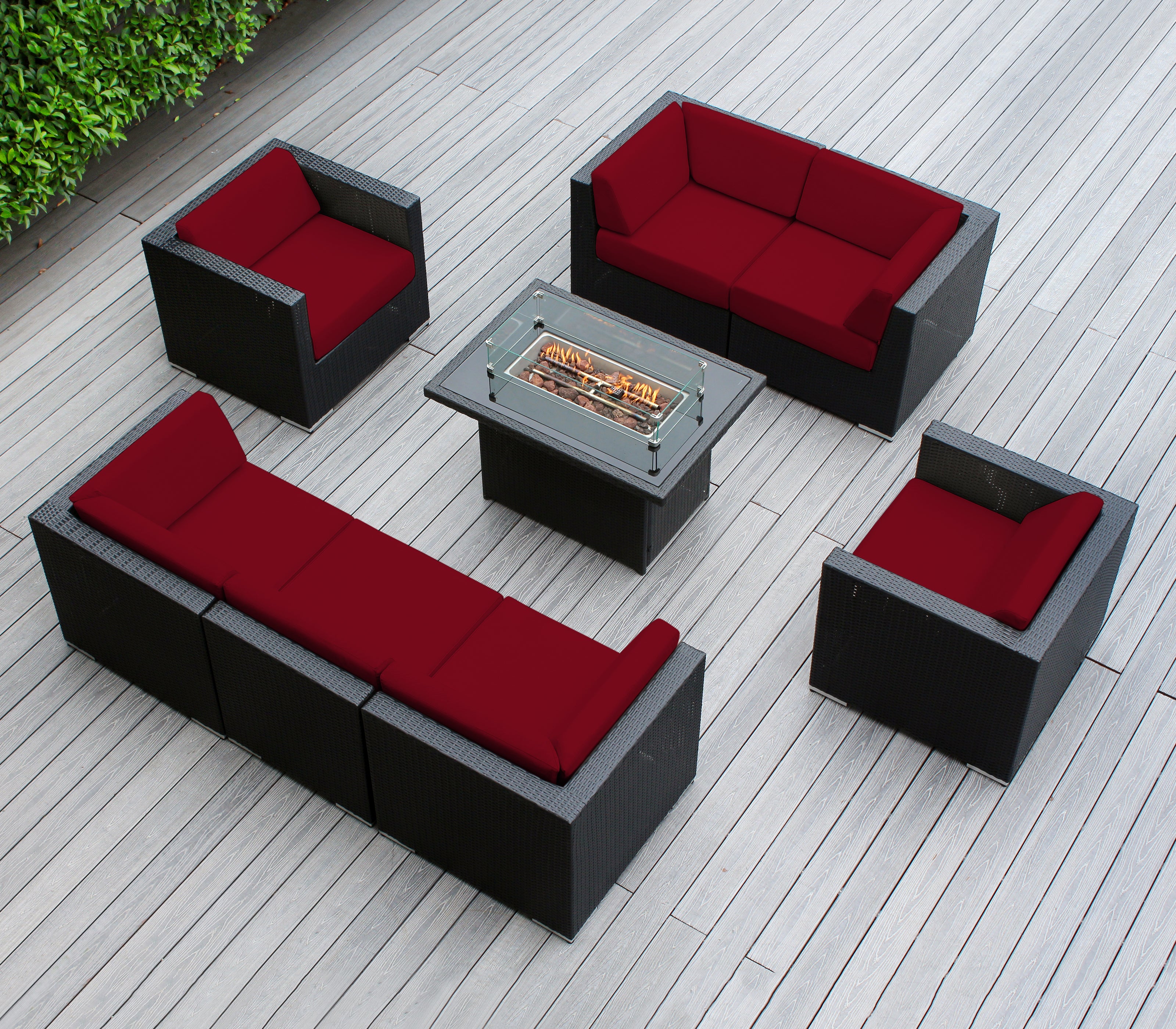 Rainshield Patio Furniture -8 Piece Sectional with Club Chairs 6" Cushions and 42" Fire Table - Starts at $1399