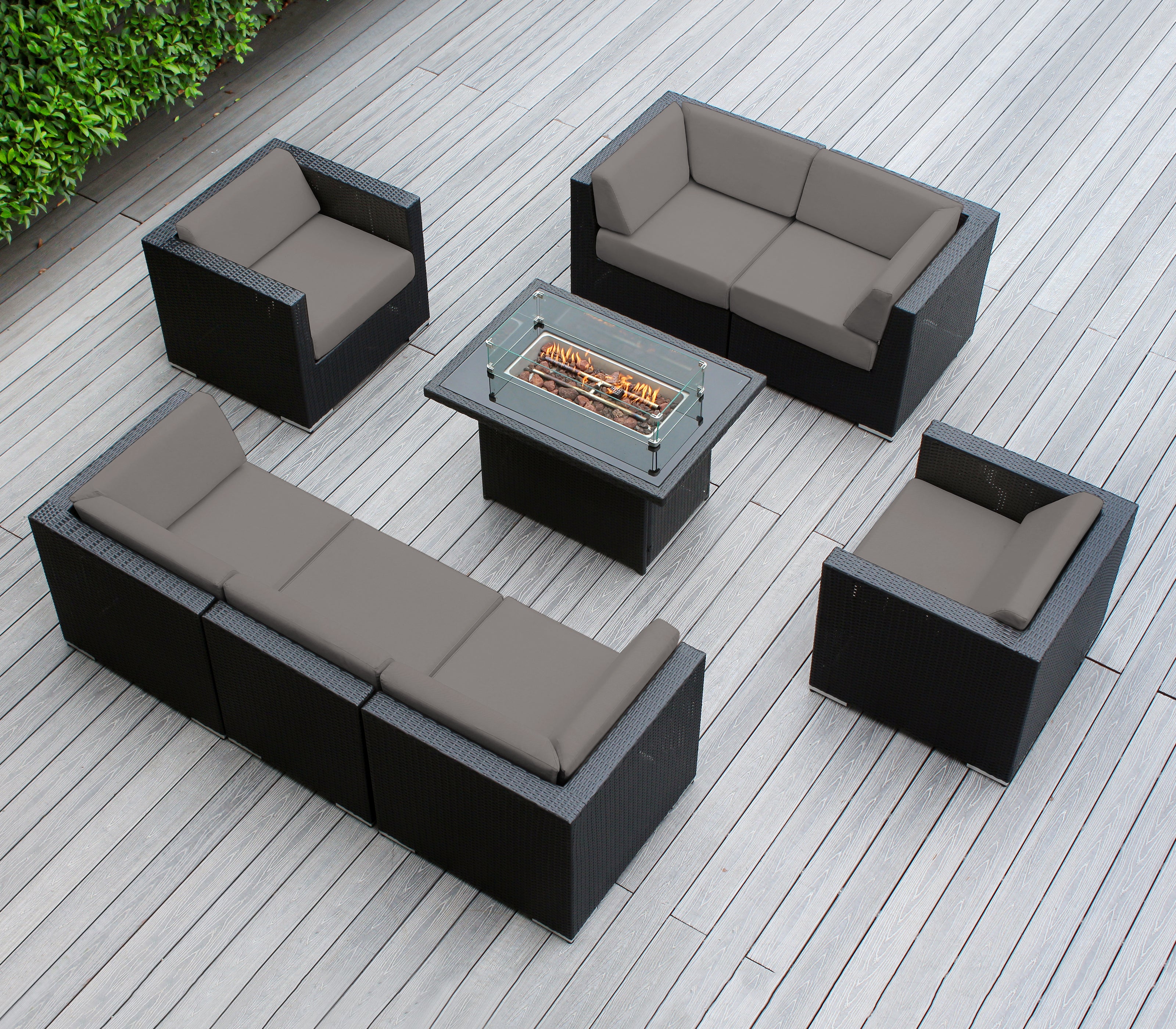 Rainshield Patio Furniture -8 Piece Sectional with Club Chairs 6" Cushions and 42" Fire Table - Starts at $1399