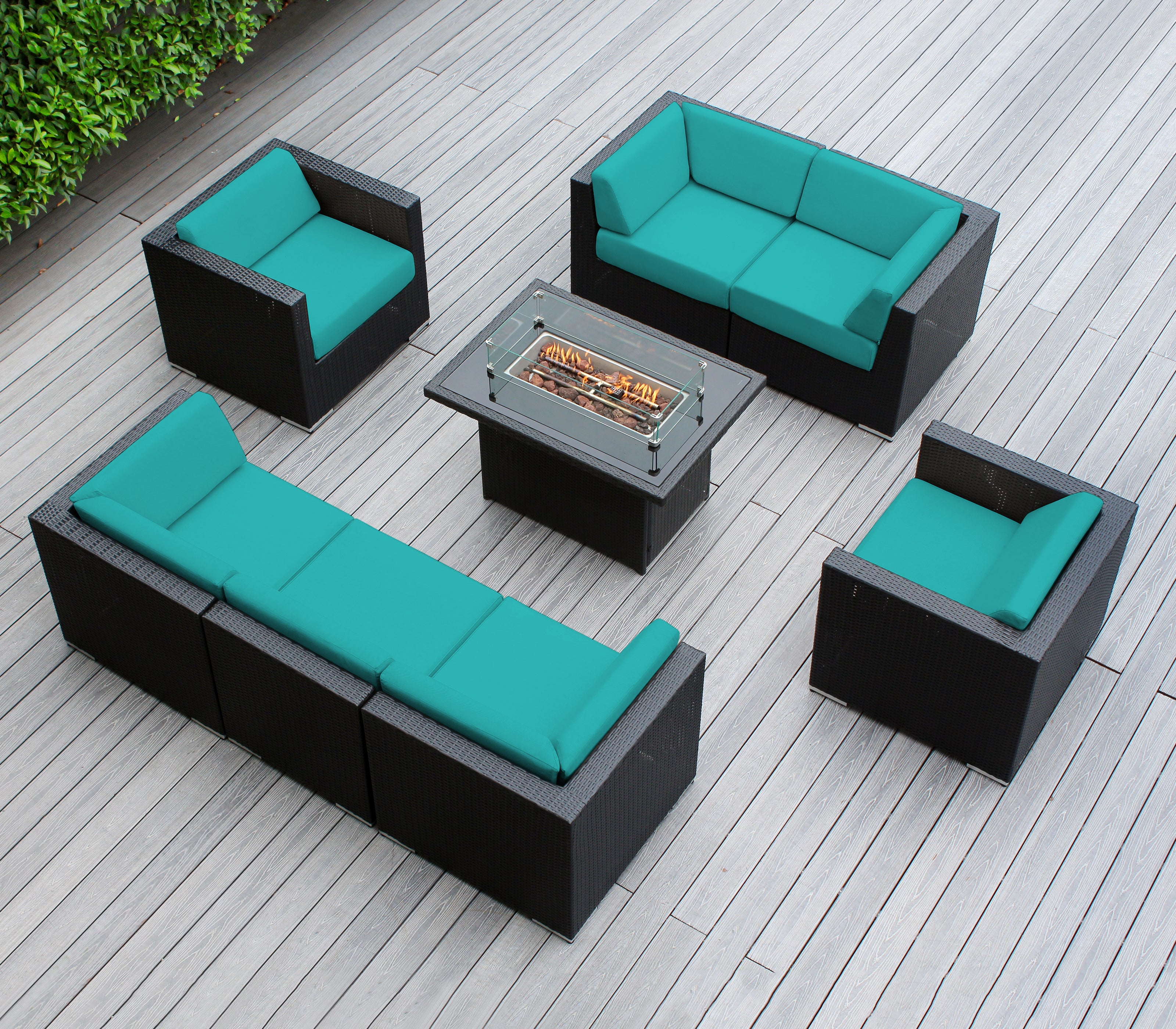 Rainshield Patio Furniture -8 Piece Sectional with Club Chairs 6" Cushions and 42" Fire Table - Starts at $1399