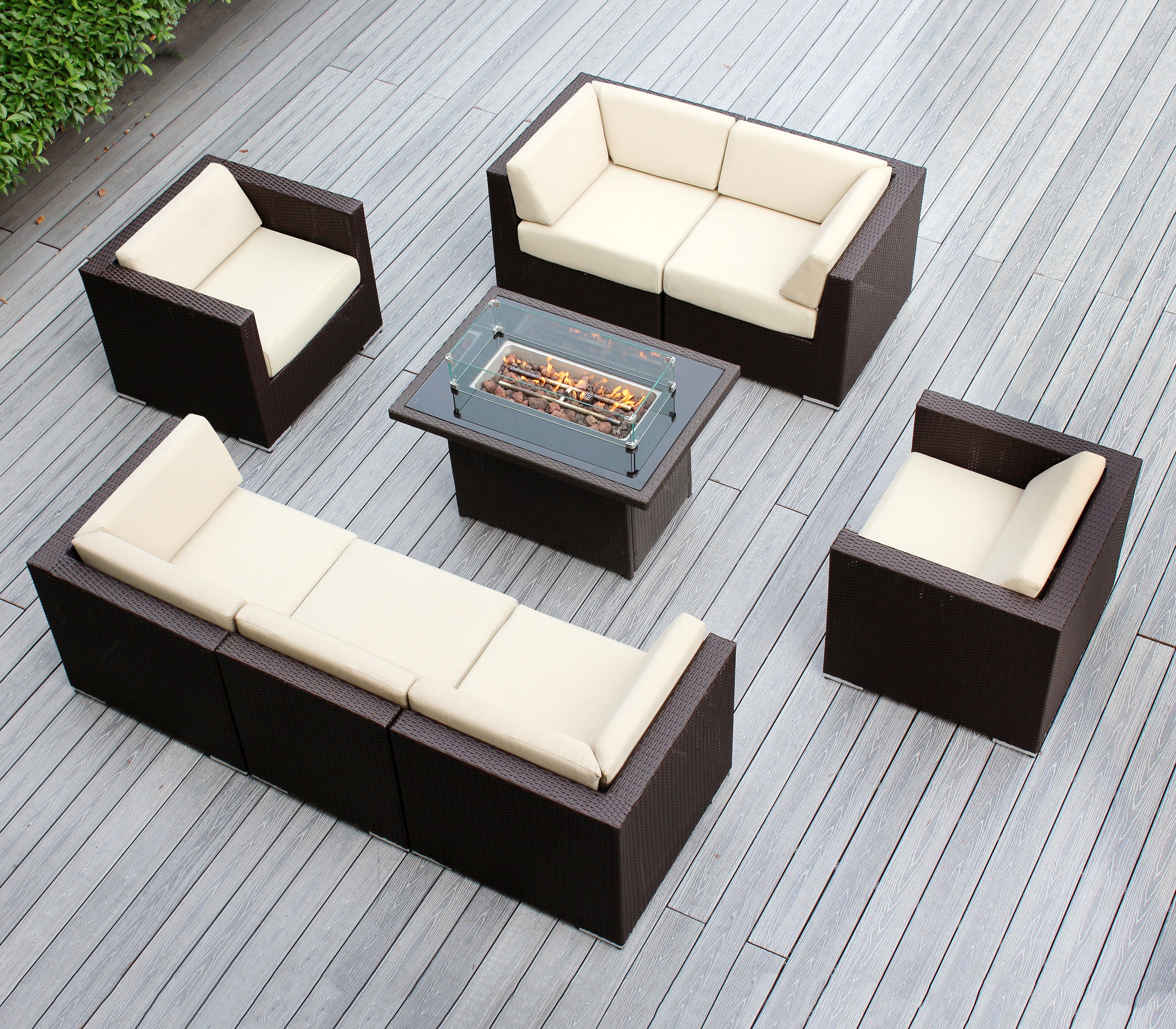 Rainshield Patio Furniture -8 Piece Sectional with Club Chairs 6" Cushions and 42" Fire Table - Starts at $1399