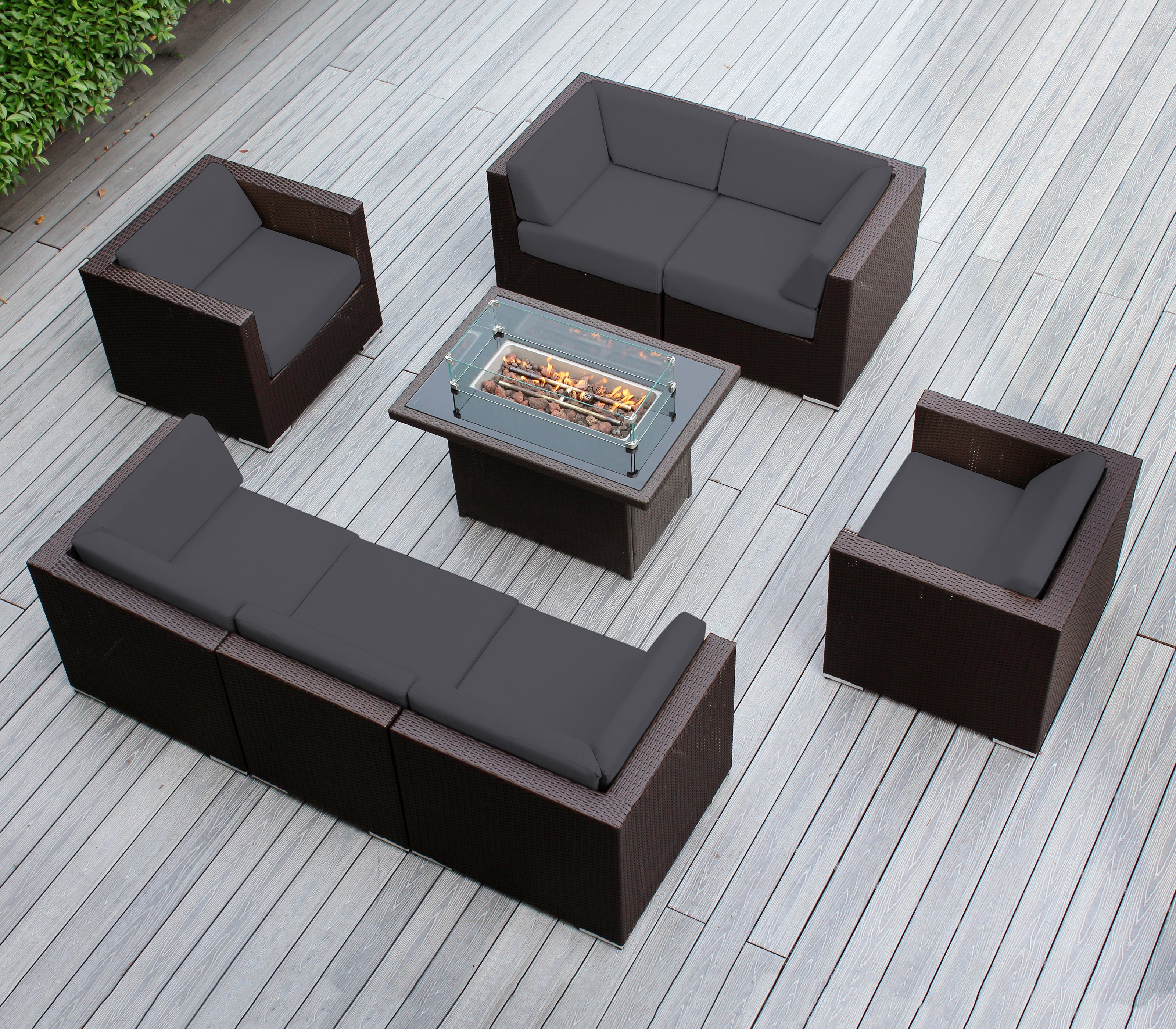 Rainshield Patio Furniture -8 Piece Sectional with Club Chairs 6" Cushions and 42" Fire Table - Starts at $1399