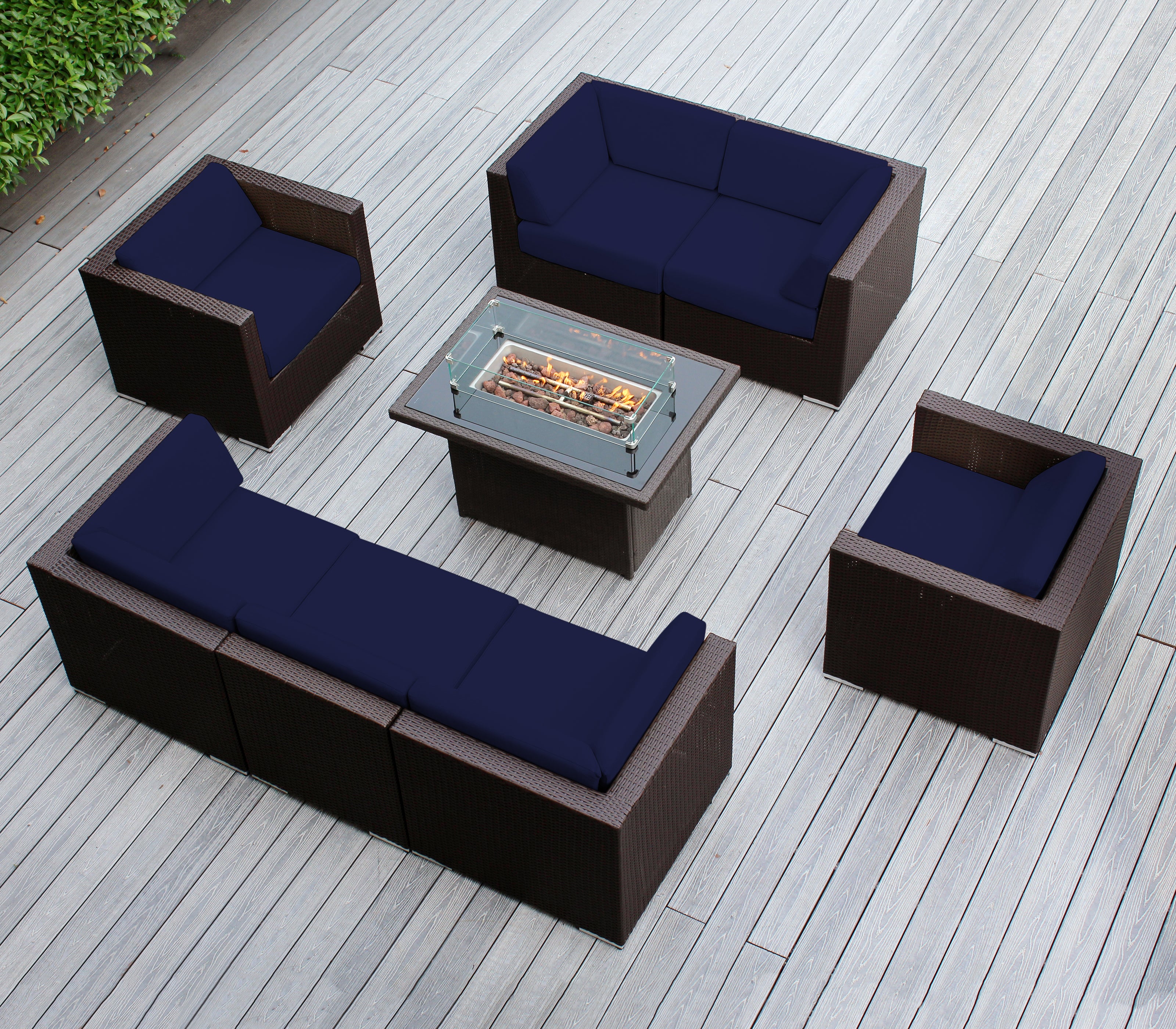 Rainshield Patio Furniture -8 Piece Sectional with Club Chairs 6" Cushions and 42" Fire Table - Starts at $1399