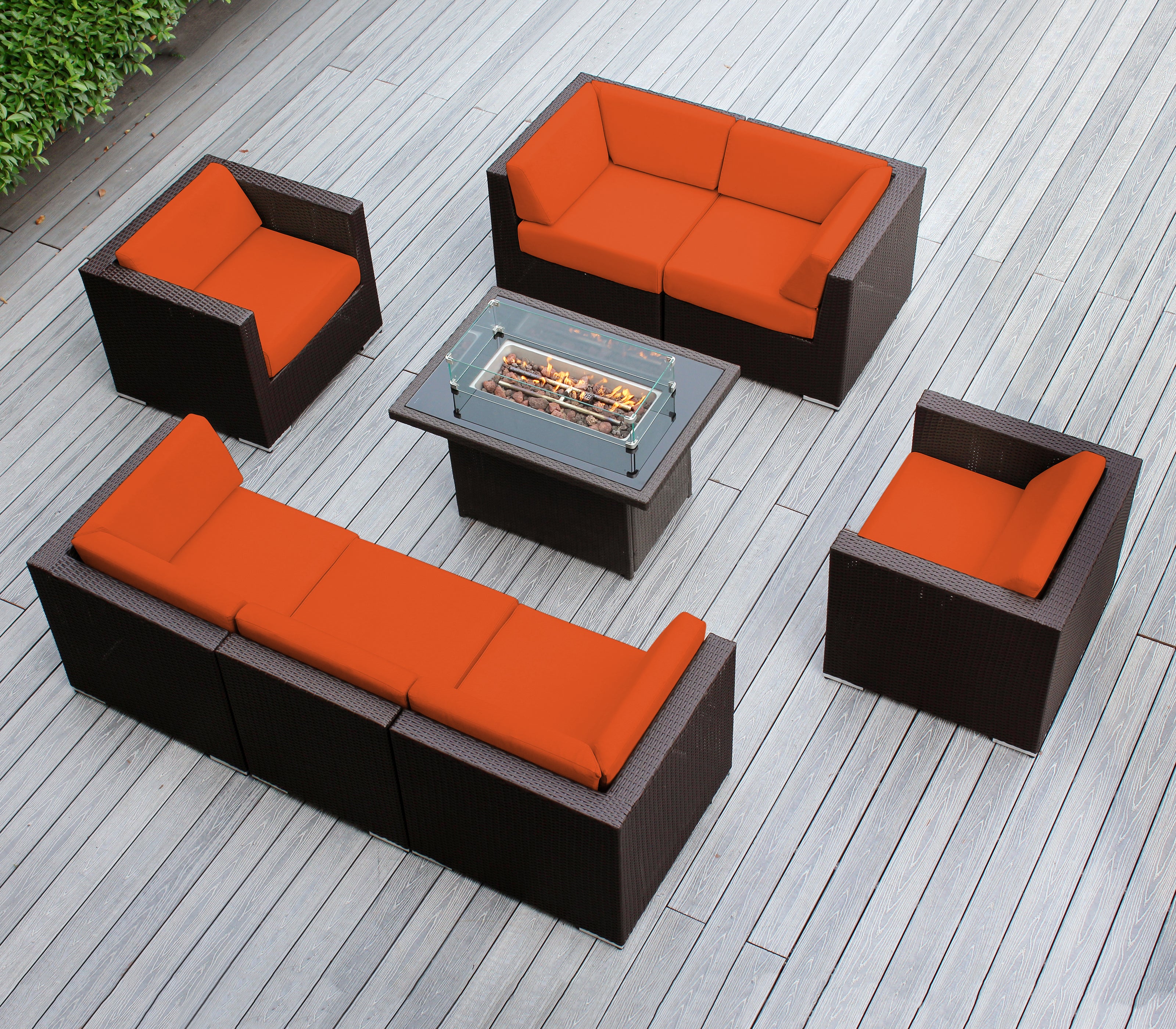 Rainshield Patio Furniture -8 Piece Sectional with Club Chairs 6" Cushions and 42" Fire Table - Starts at $1399