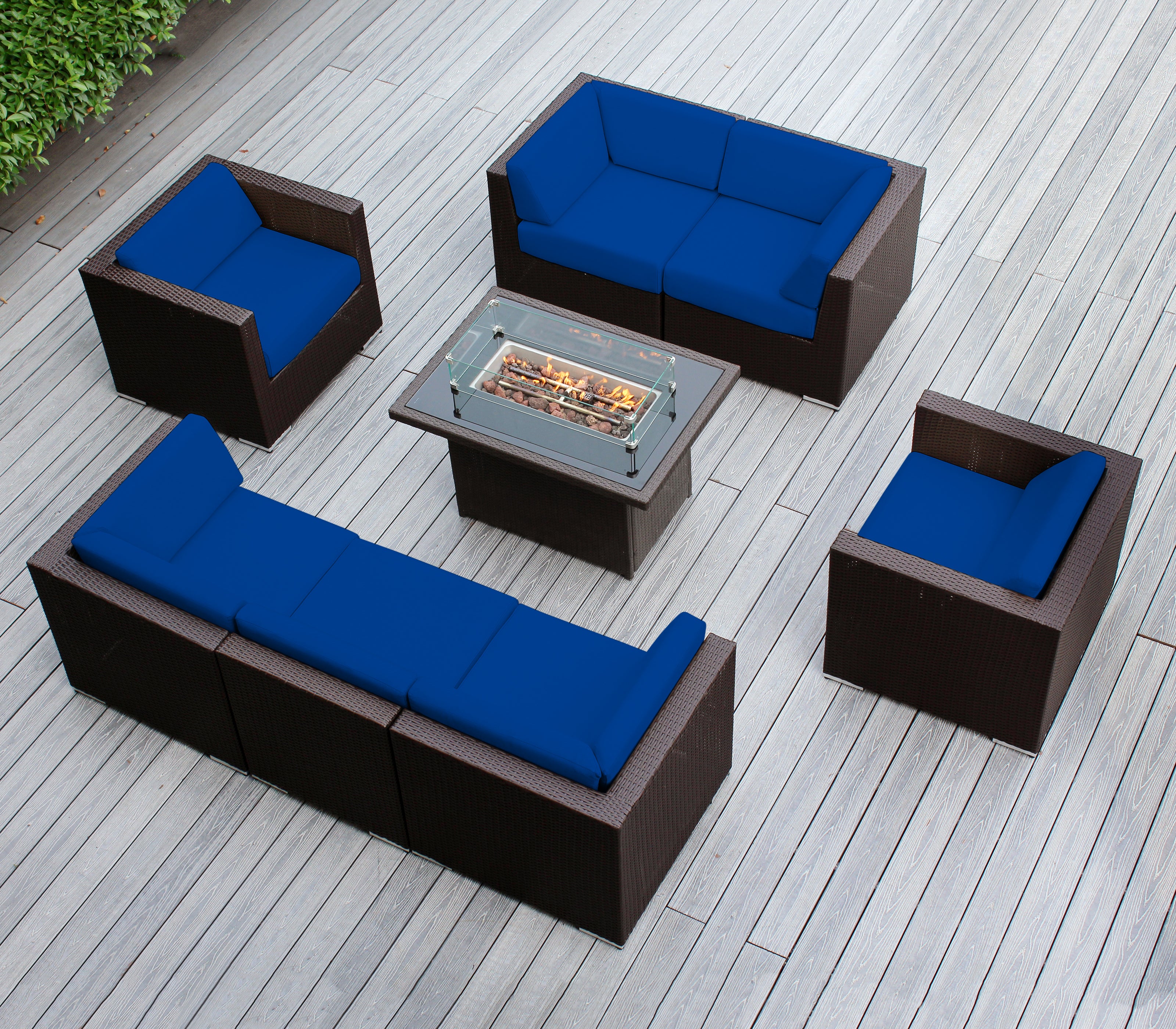 Rainshield Patio Furniture -8 Piece Sectional with Club Chairs 6" Cushions and 42" Fire Table - Starts at $1399
