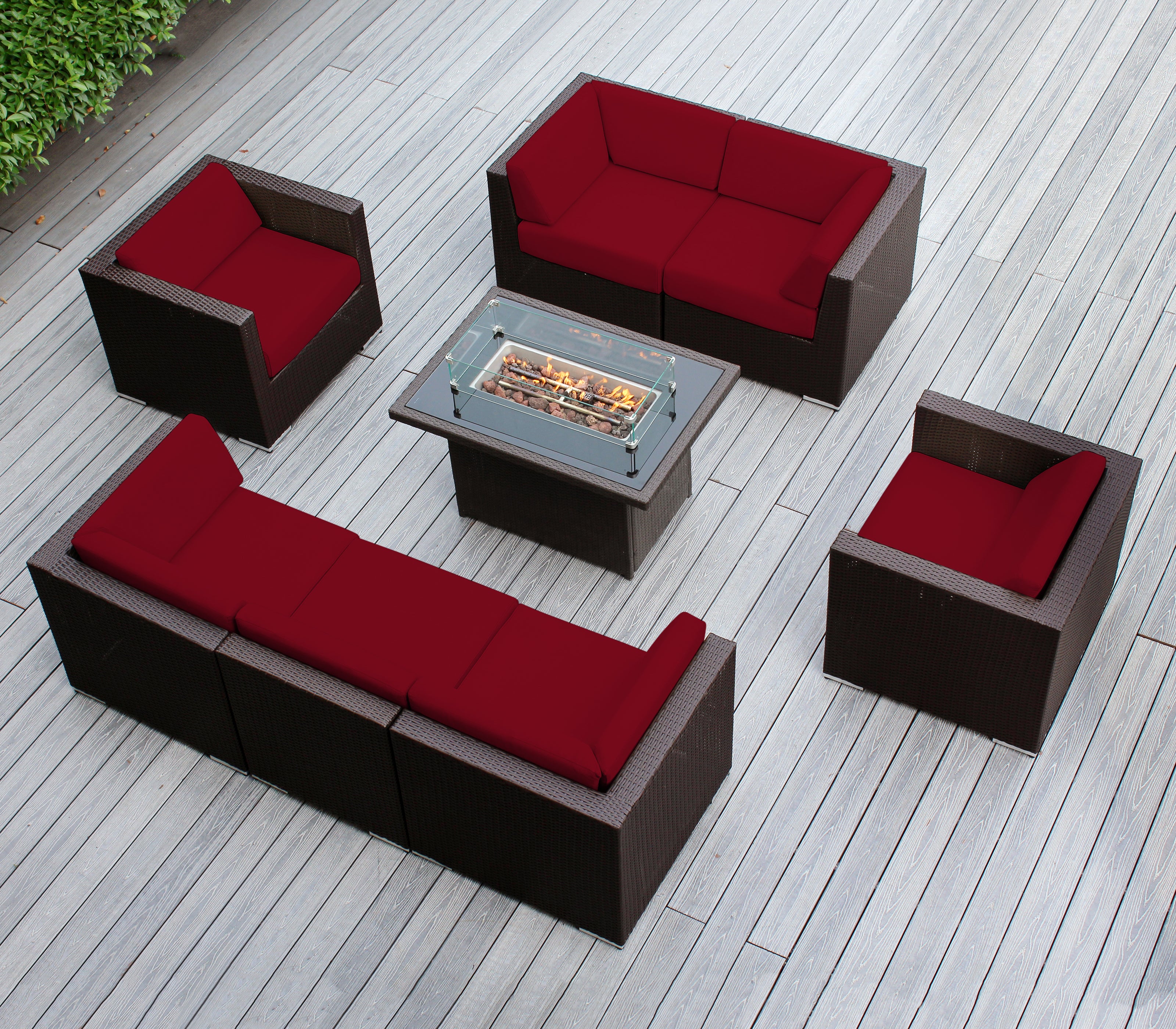 Rainshield Patio Furniture -8 Piece Sectional with Club Chairs 6" Cushions and 42" Fire Table - Starts at $1399