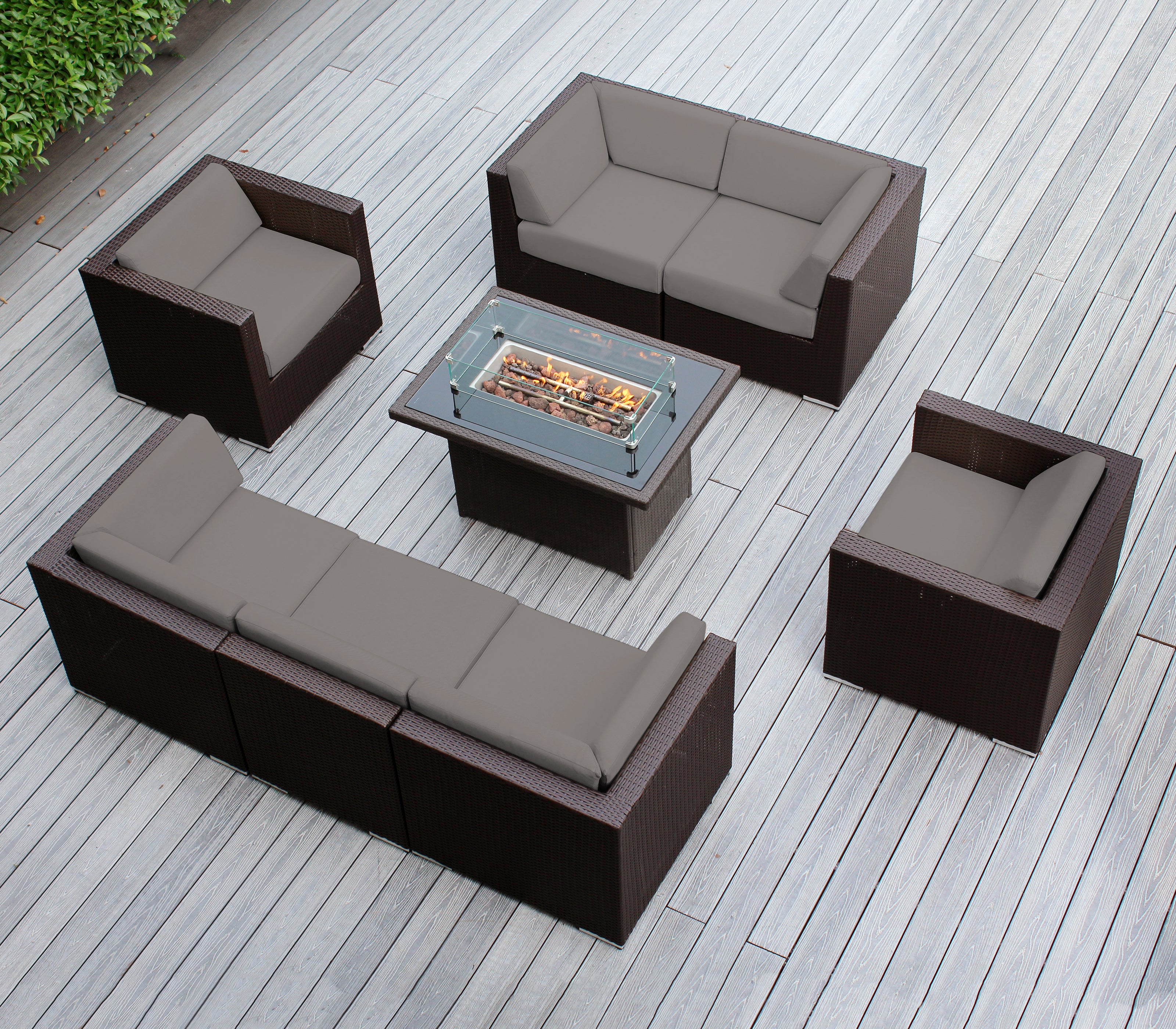 Rainshield Patio Furniture -8 Piece Sectional with Club Chairs 6" Cushions and 42" Fire Table - Starts at $1399