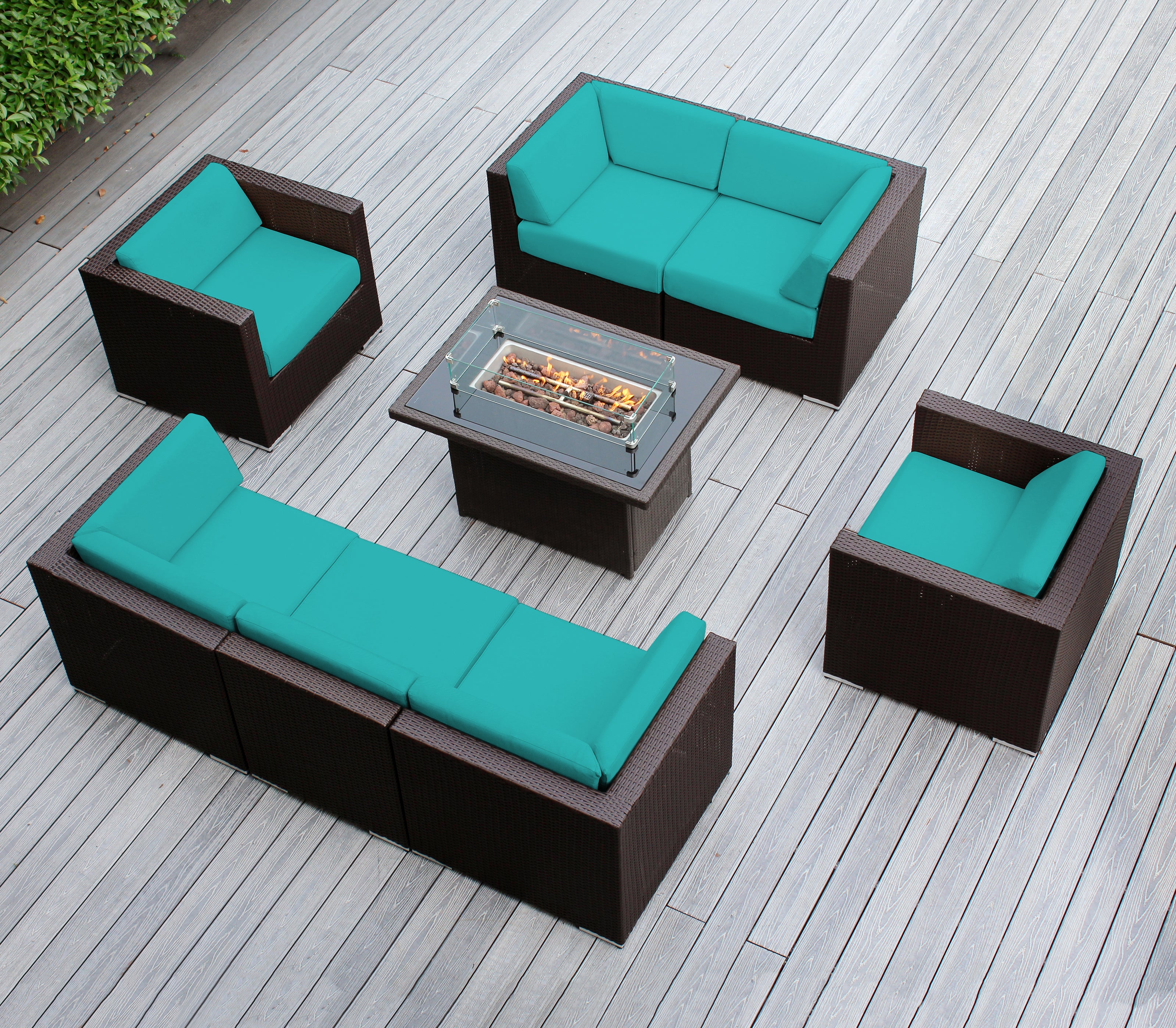 Rainshield Patio Furniture -8 Piece Sectional with Club Chairs 6" Cushions and 42" Fire Table - Starts at $1399