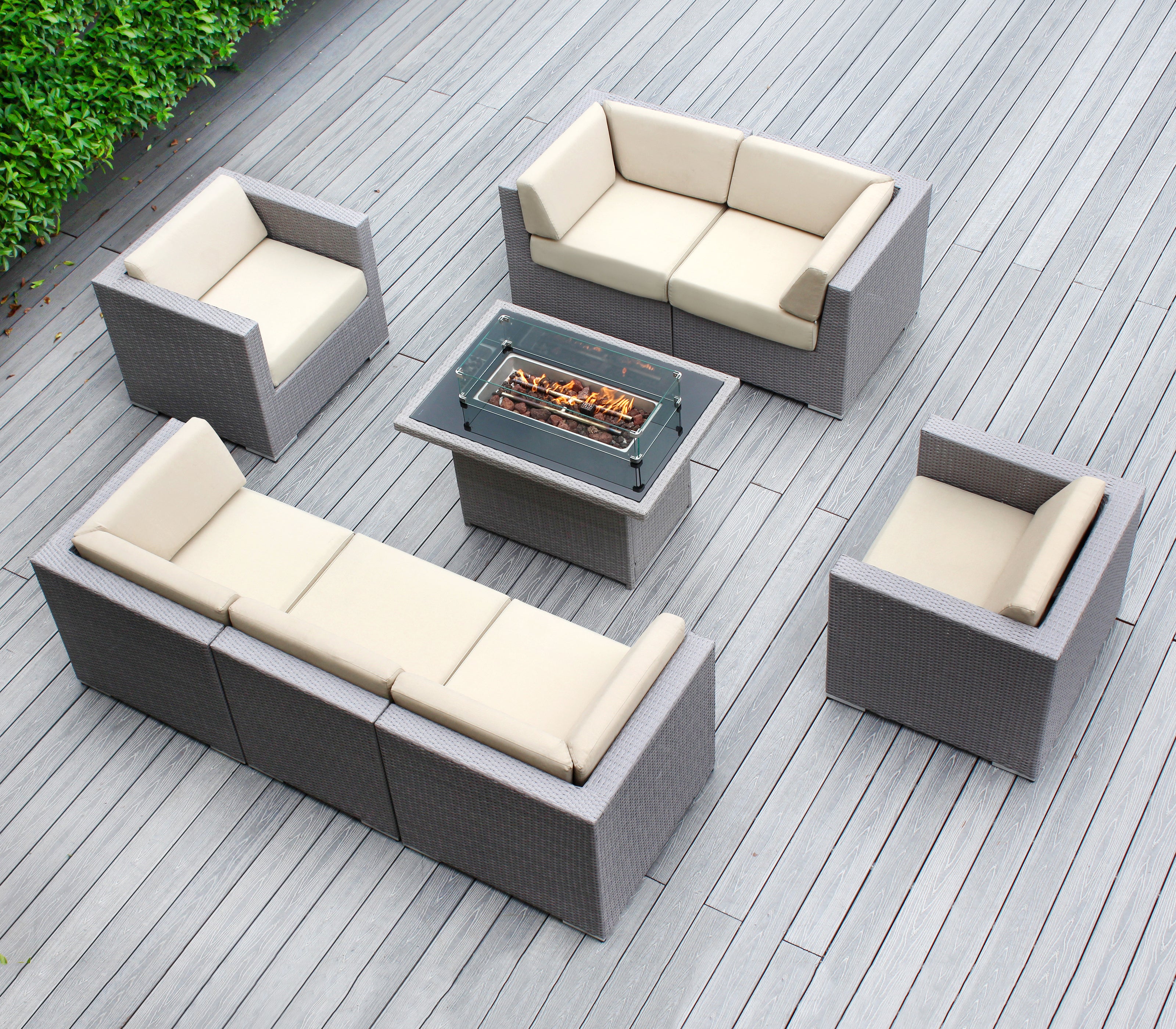 Rainshield Patio Furniture -8 Piece Sectional with Club Chairs 6" Cushions and 42" Fire Table - Starts at $1399