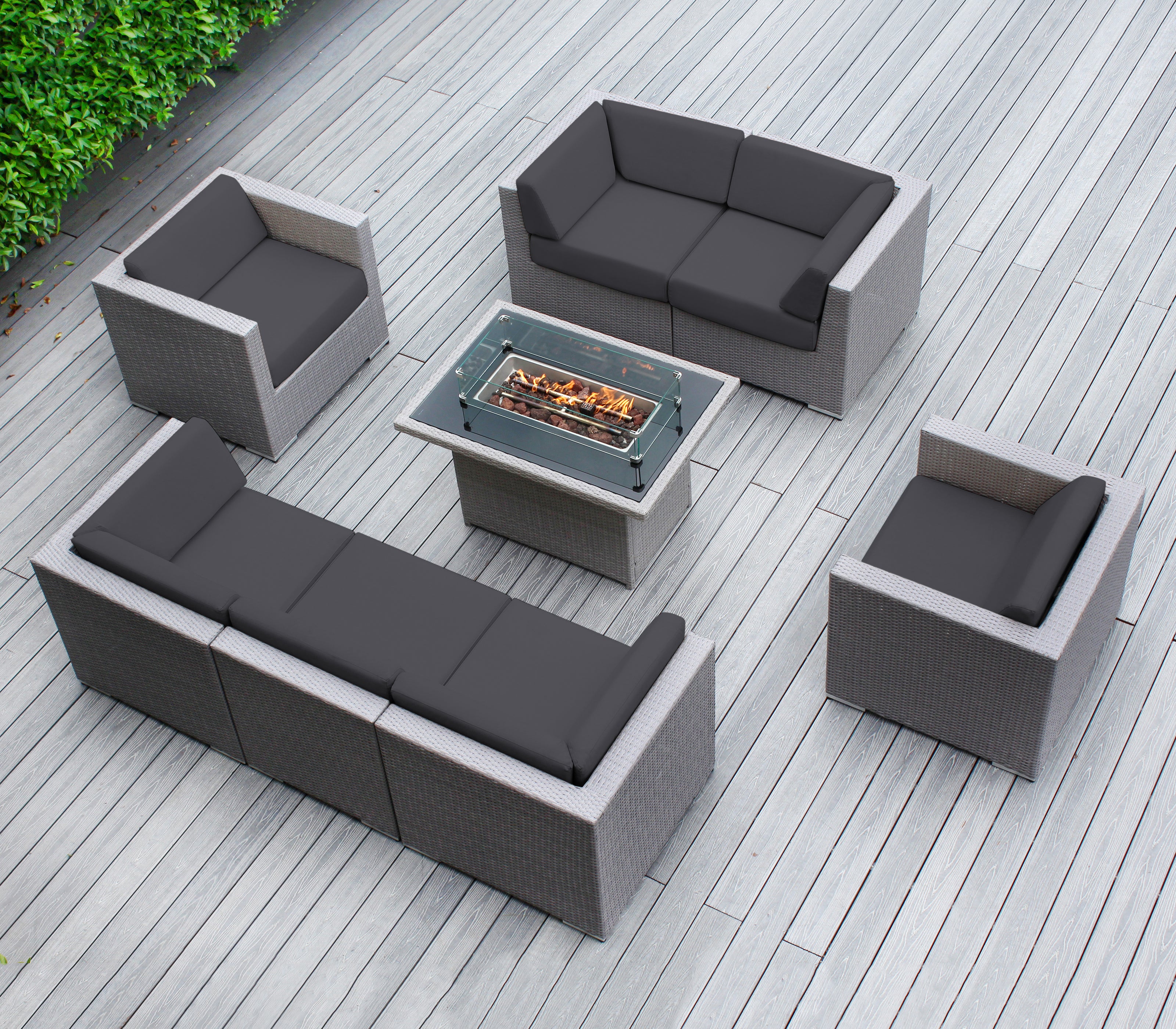 Rainshield Patio Furniture -8 Piece Sectional with Club Chairs 6" Cushions and 42" Fire Table - Starts at $1399
