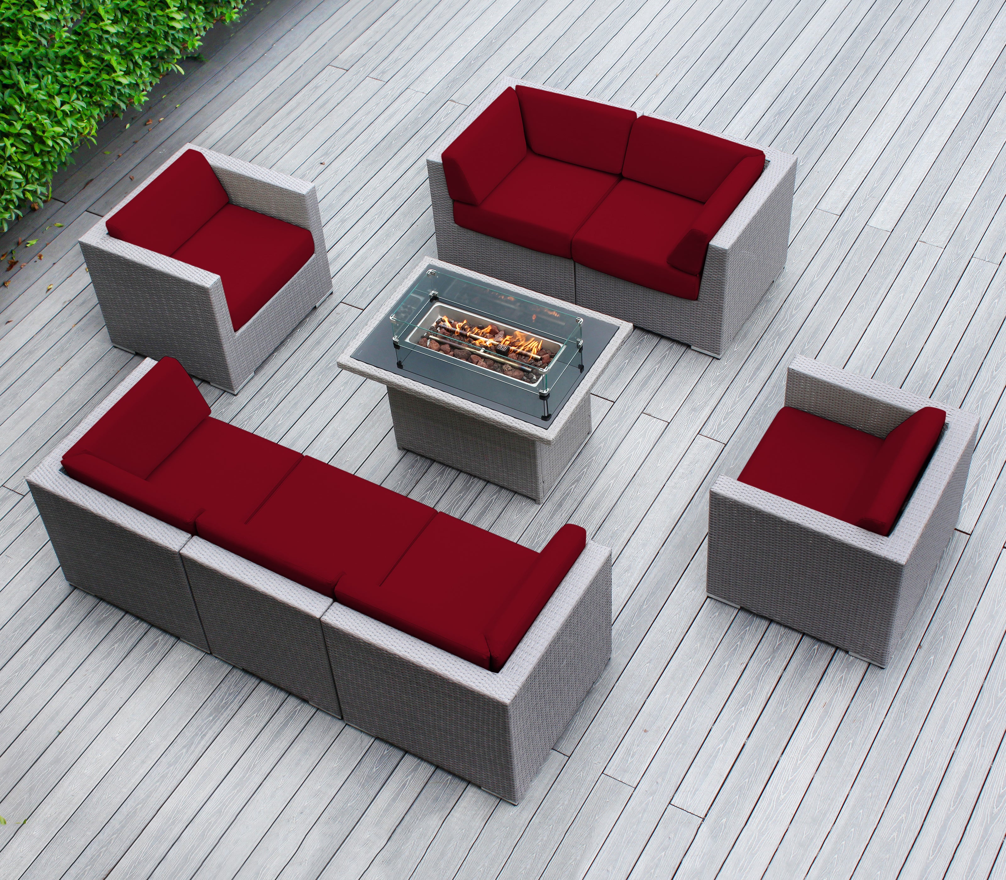 Rainshield Patio Furniture -8 Piece Sectional with Club Chairs 6" Cushions and 42" Fire Table - Starts at $1399