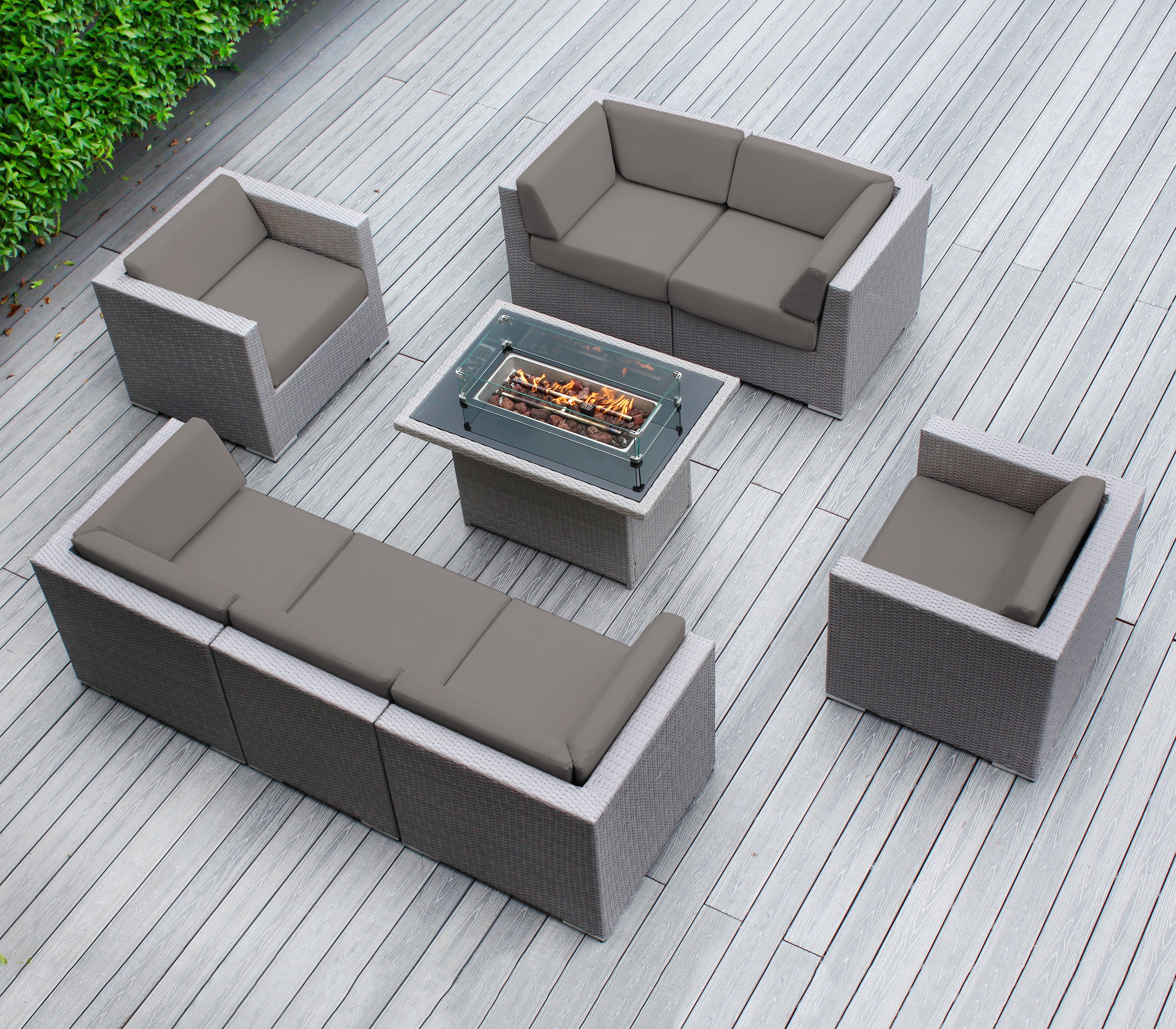 Rainshield Patio Furniture -8 Piece Sectional with Club Chairs 6" Cushions and 42" Fire Table - Starts at $1399