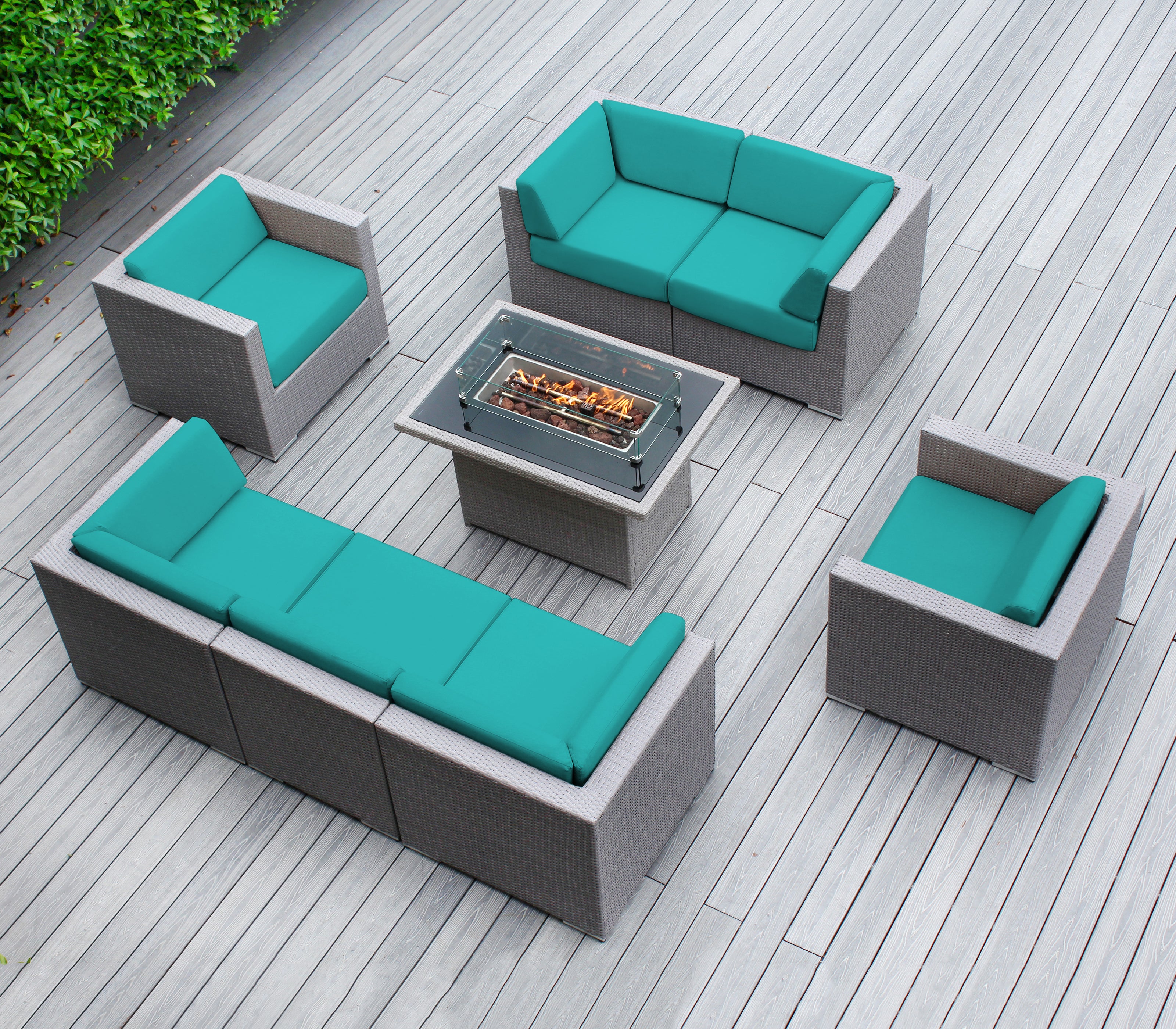 Rainshield Patio Furniture -8 Piece Sectional with Club Chairs 6" Cushions and 42" Fire Table - Starts at $1399