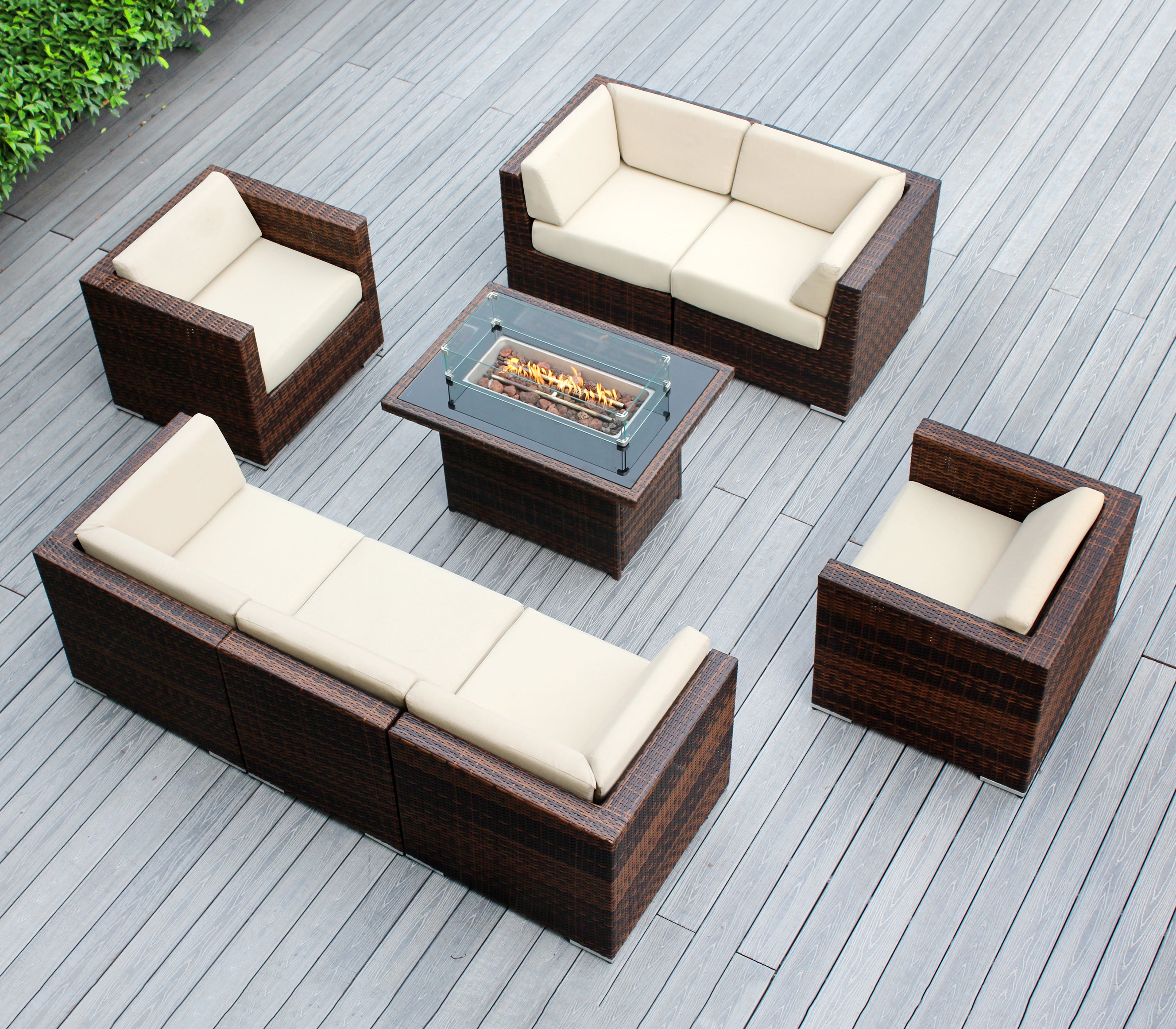 Rainshield Patio Furniture -8 Piece Sectional with Club Chairs 6" Cushions and 42" Fire Table - Starts at $1399