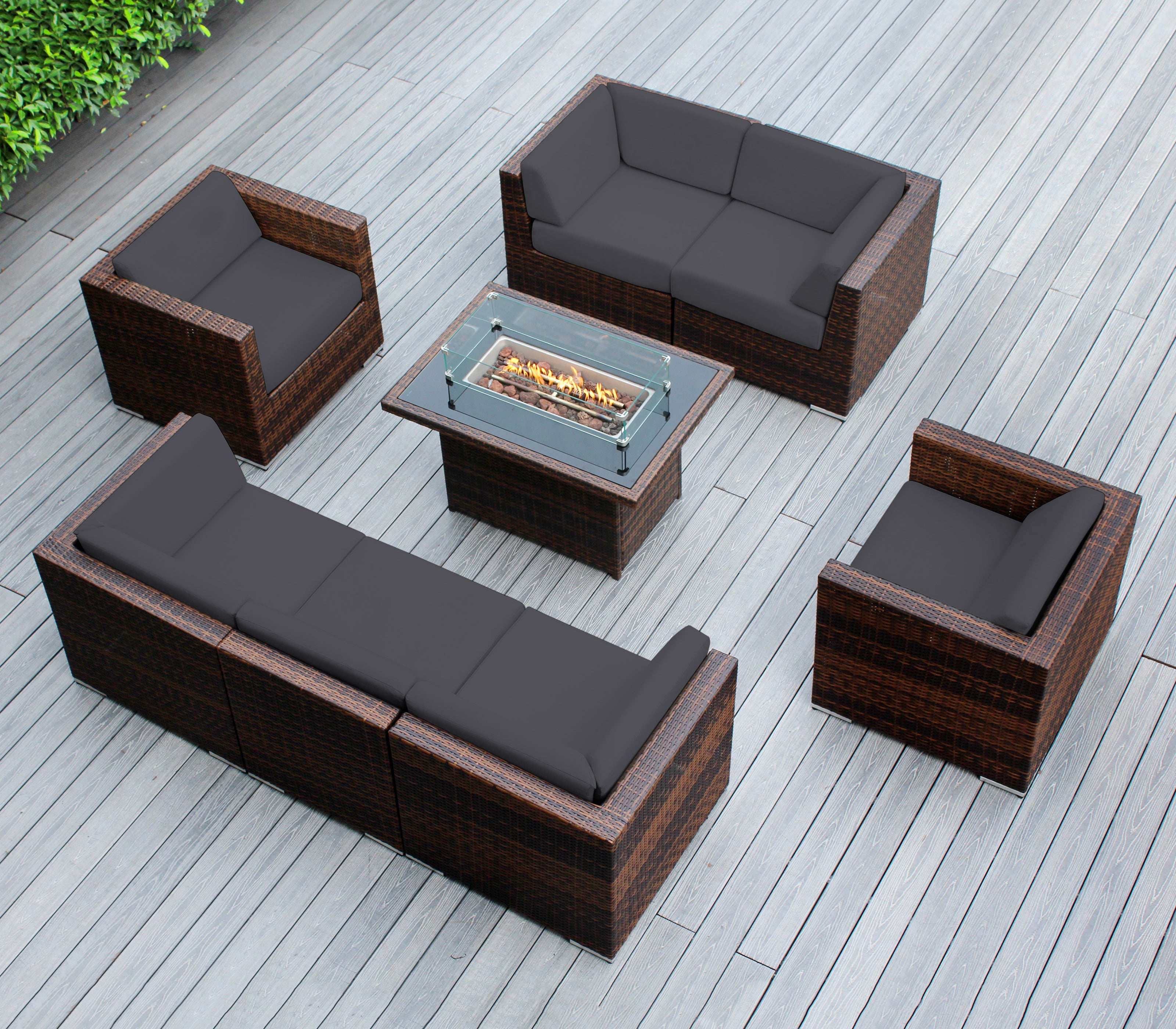 Rainshield Patio Furniture -8 Piece Sectional with Club Chairs 6" Cushions and 42" Fire Table - Starts at $1399