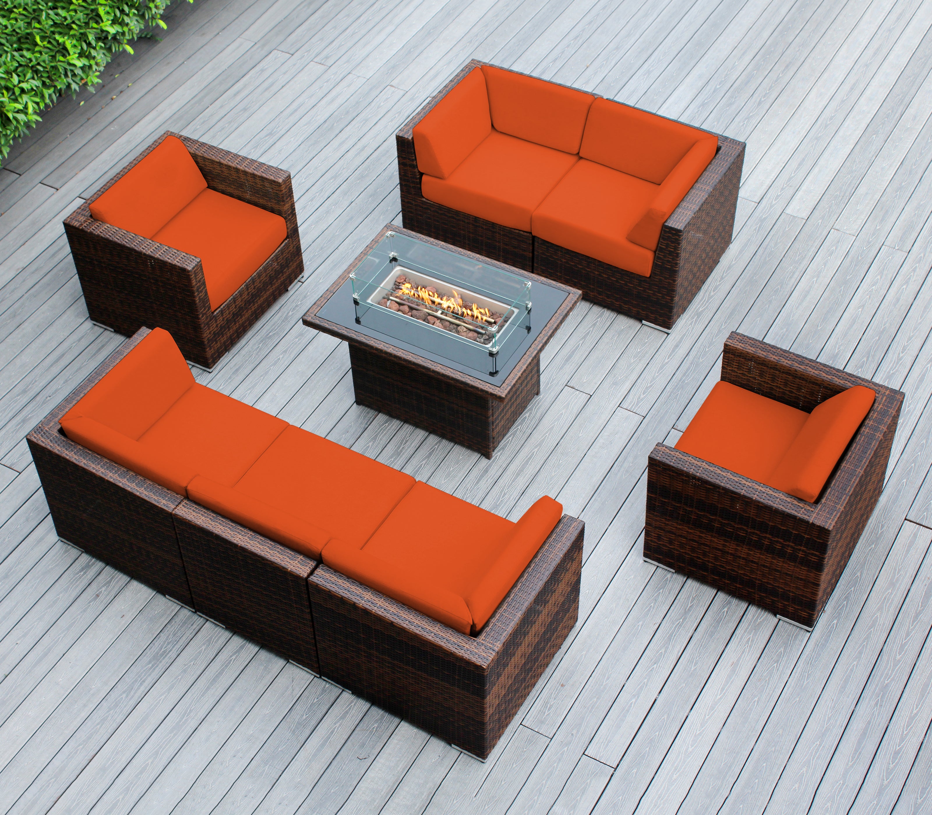 Rainshield Patio Furniture -8 Piece Sectional with Club Chairs 6" Cushions and 42" Fire Table - Starts at $1399