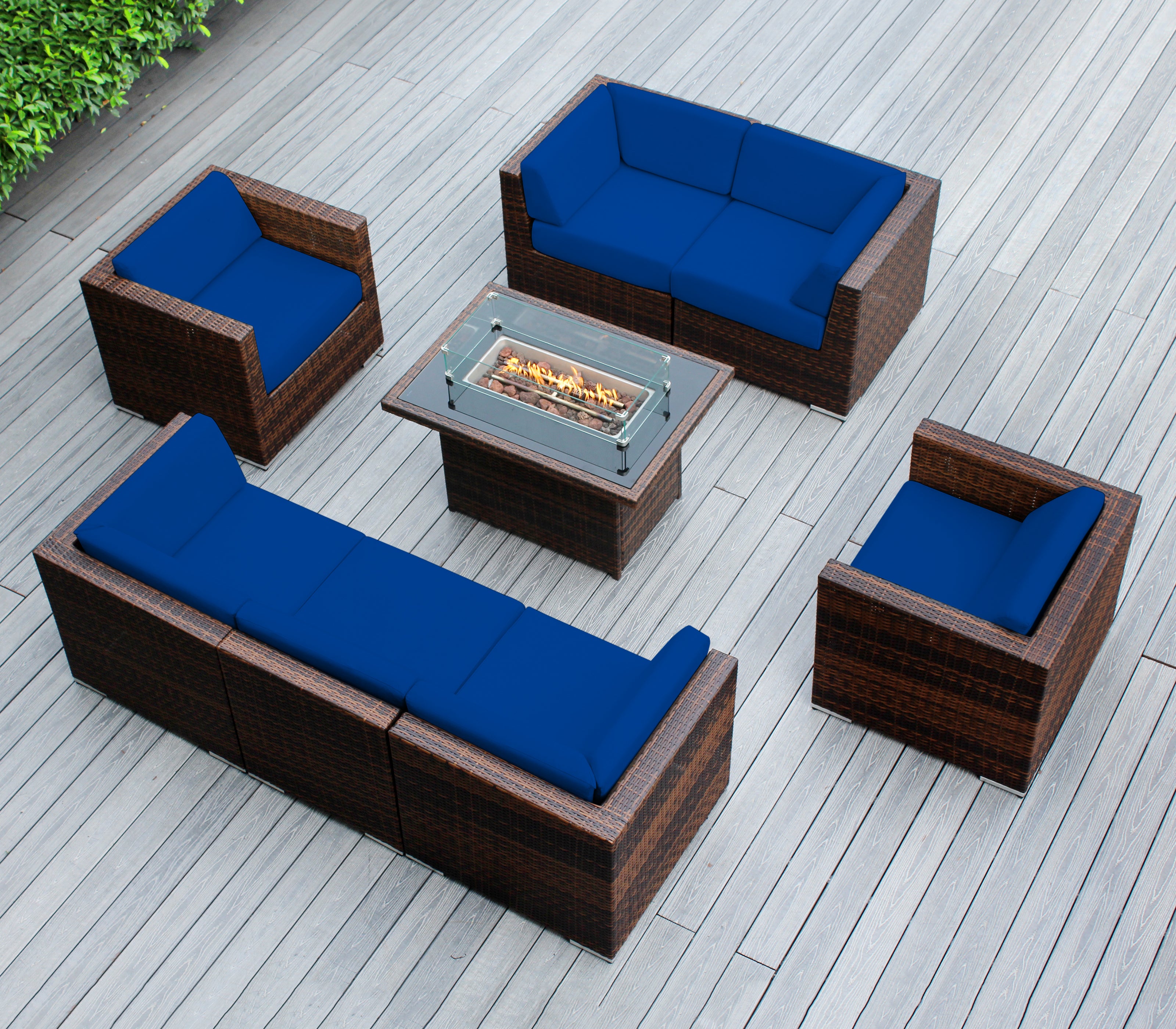 Rainshield Patio Furniture -8 Piece Sectional with Club Chairs 6" Cushions and 42" Fire Table - Starts at $1399
