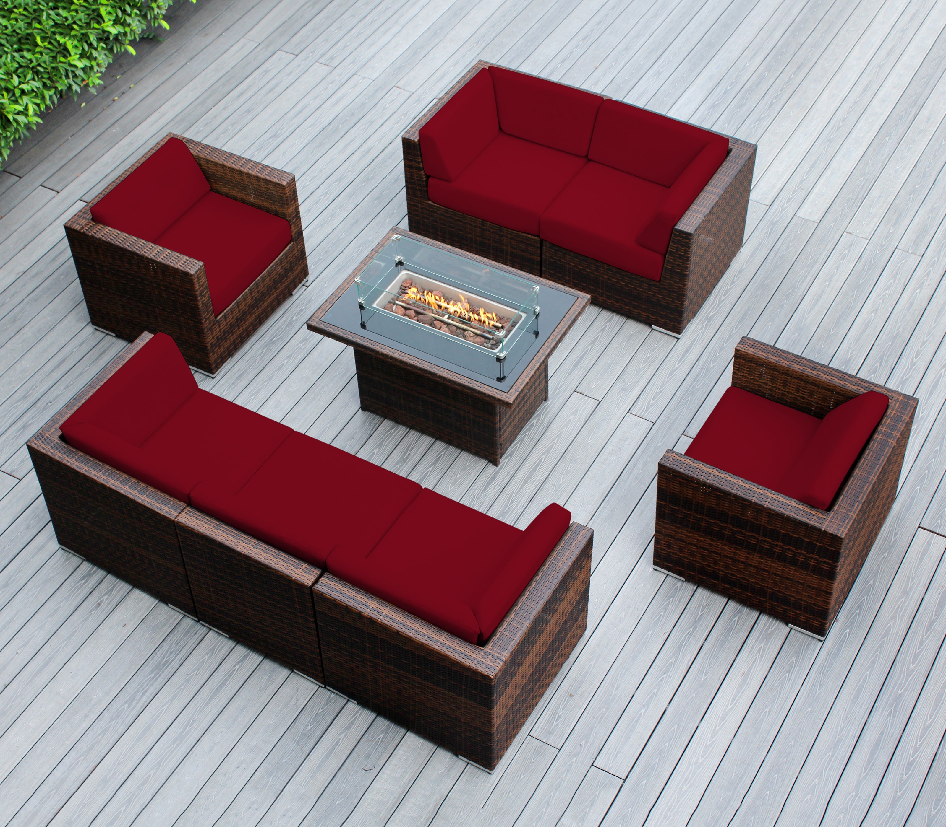 Rainshield Patio Furniture -8 Piece Sectional with Club Chairs 6" Cushions and 42" Fire Table - Starts at $1399