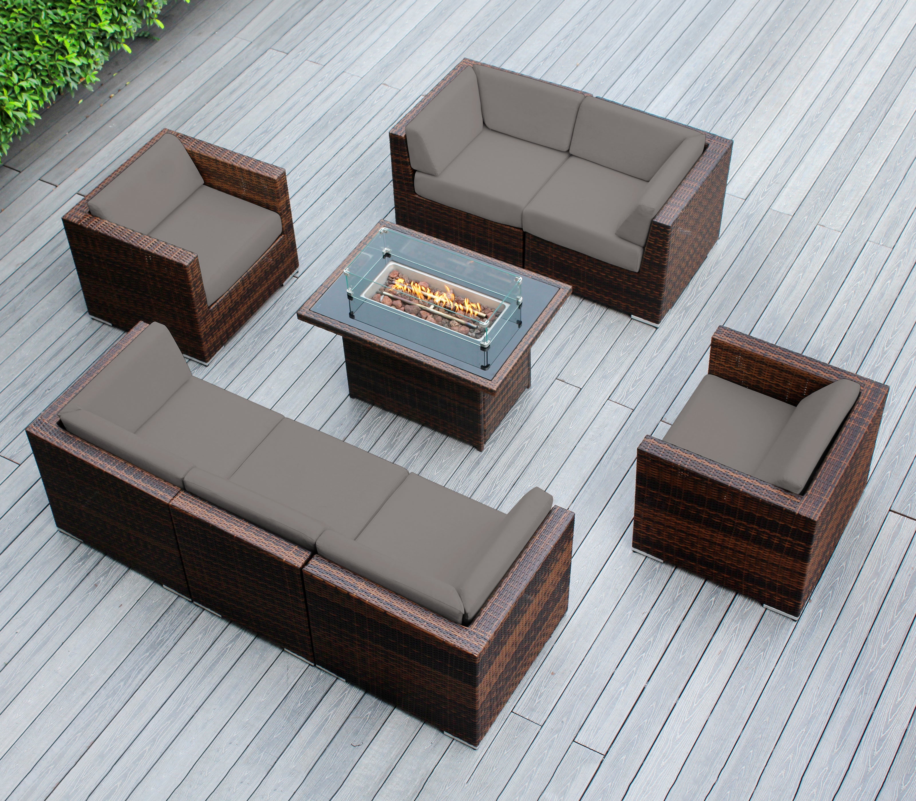 Rainshield Patio Furniture -8 Piece Sectional with Club Chairs 6" Cushions and 42" Fire Table - Starts at $1399