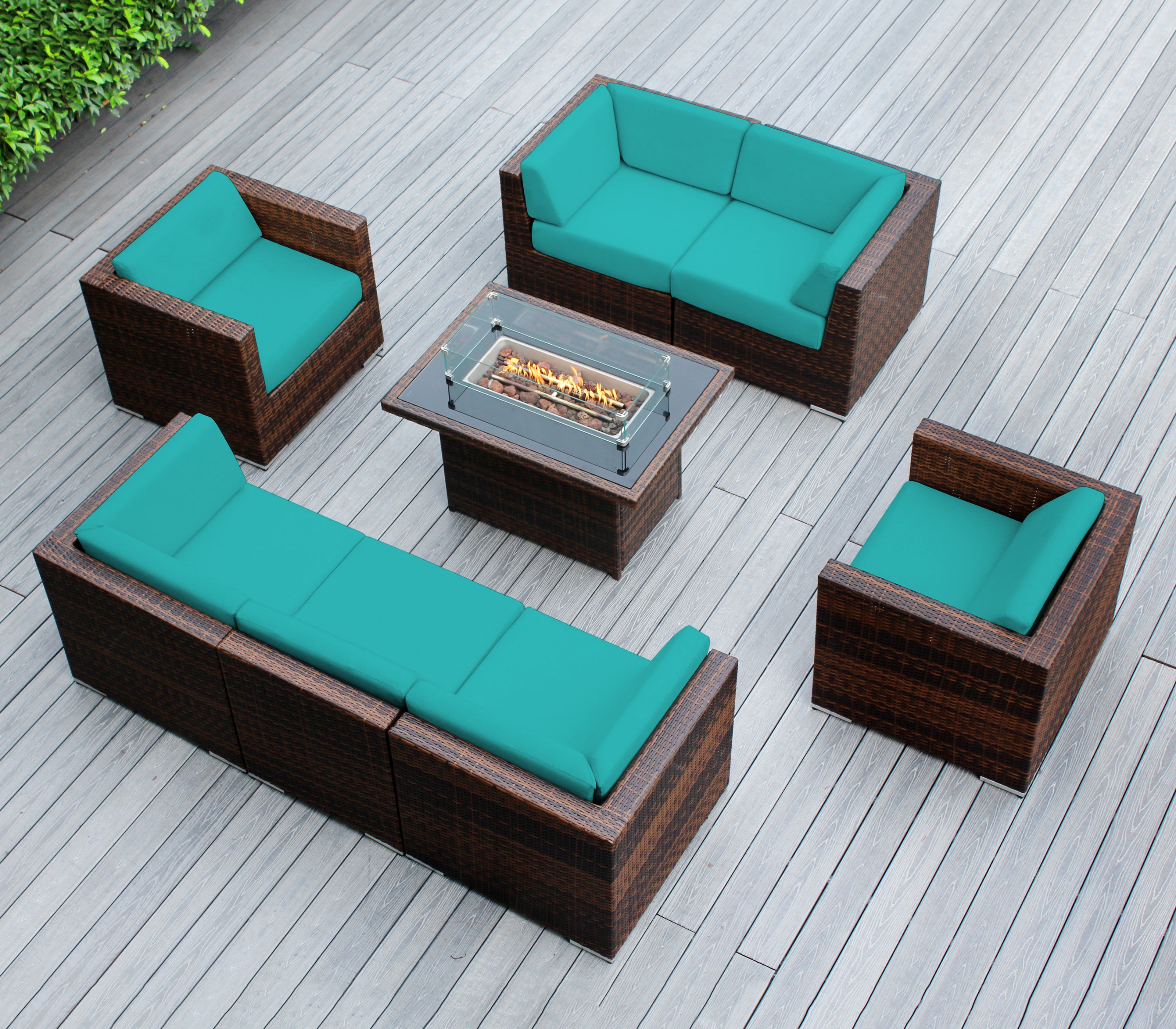 Rainshield Patio Furniture -8 Piece Sectional with Club Chairs 6" Cushions and 42" Fire Table - Starts at $1399