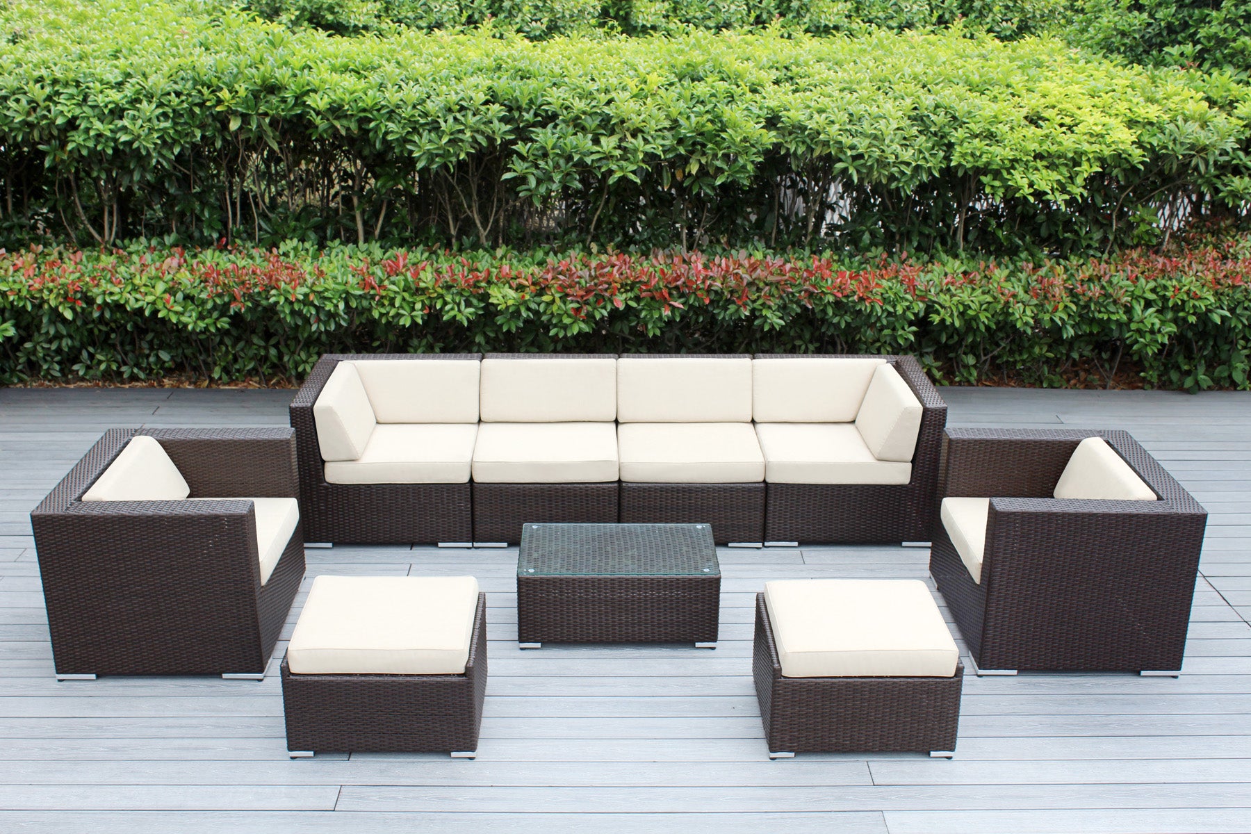 Fully Assembled Rainshield Patio Furniture - Ohana 9 Piece Sectional with Club Chairs and 6-inch Cushions