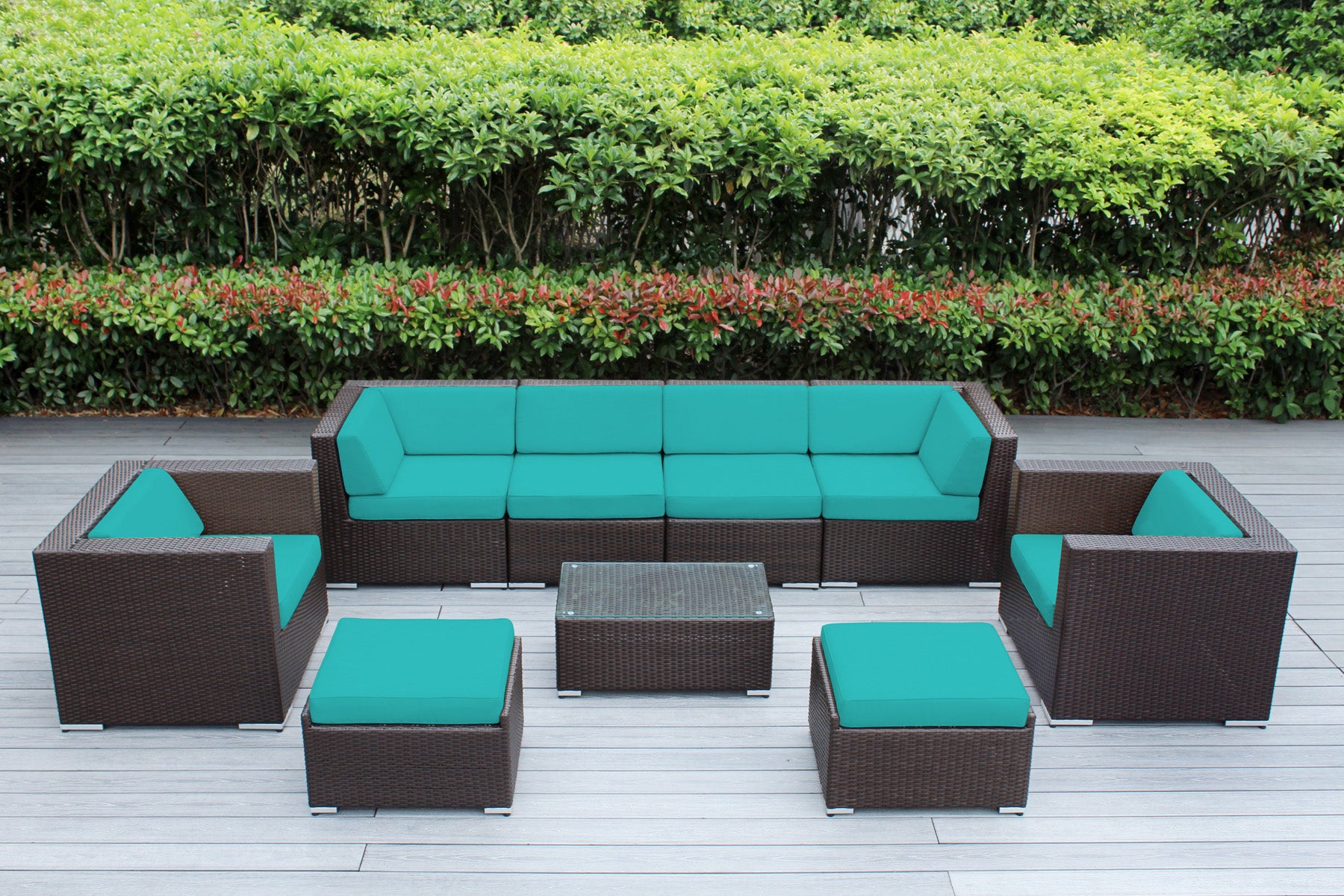 Fully Assembled Rainshield Patio Furniture - Ohana 9 Piece Sectional with Club Chairs and 6-inch Cushions