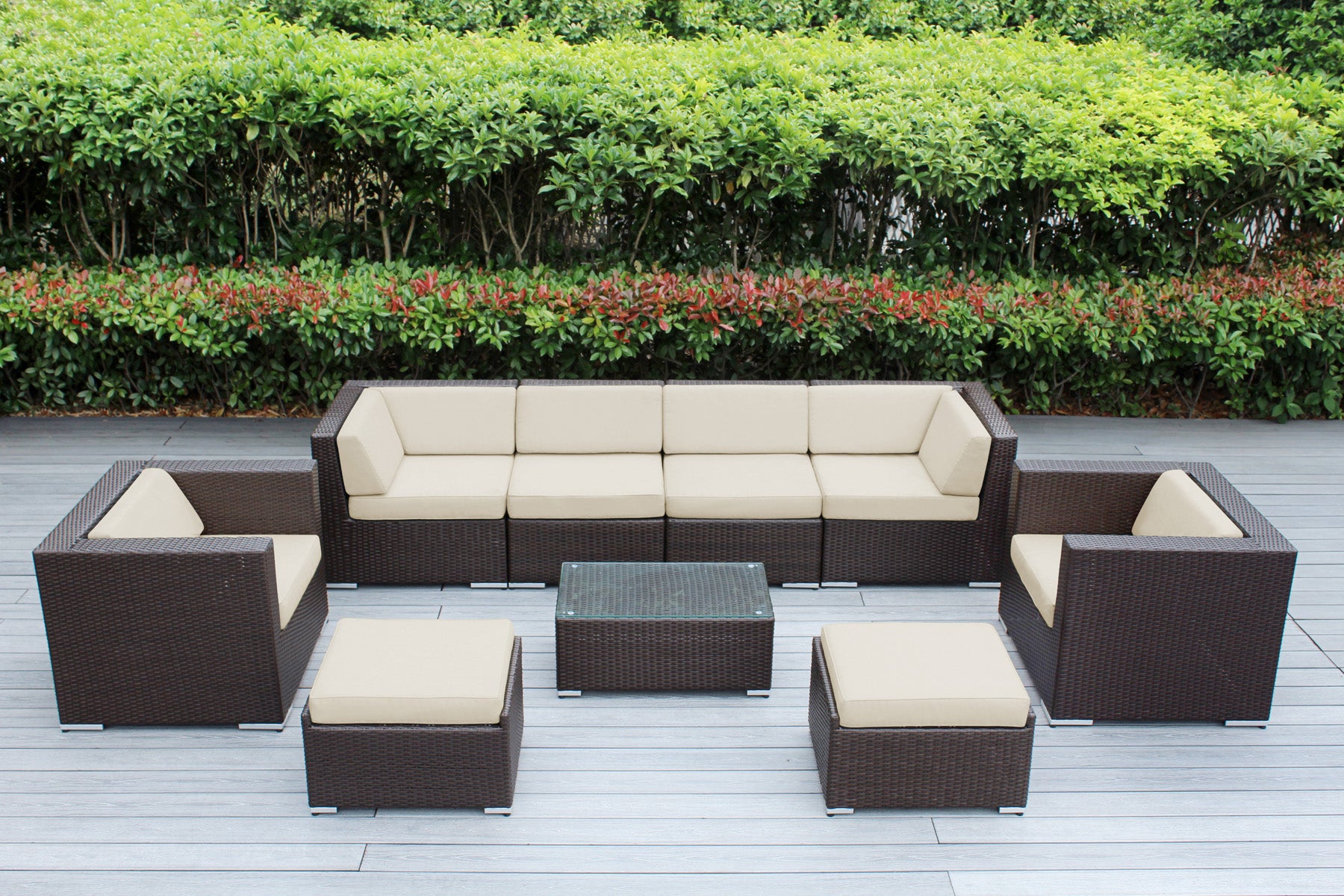 Fully Assembled Rainshield Patio Furniture - Ohana 9 Piece Sectional with Club Chairs and 6-inch Cushions