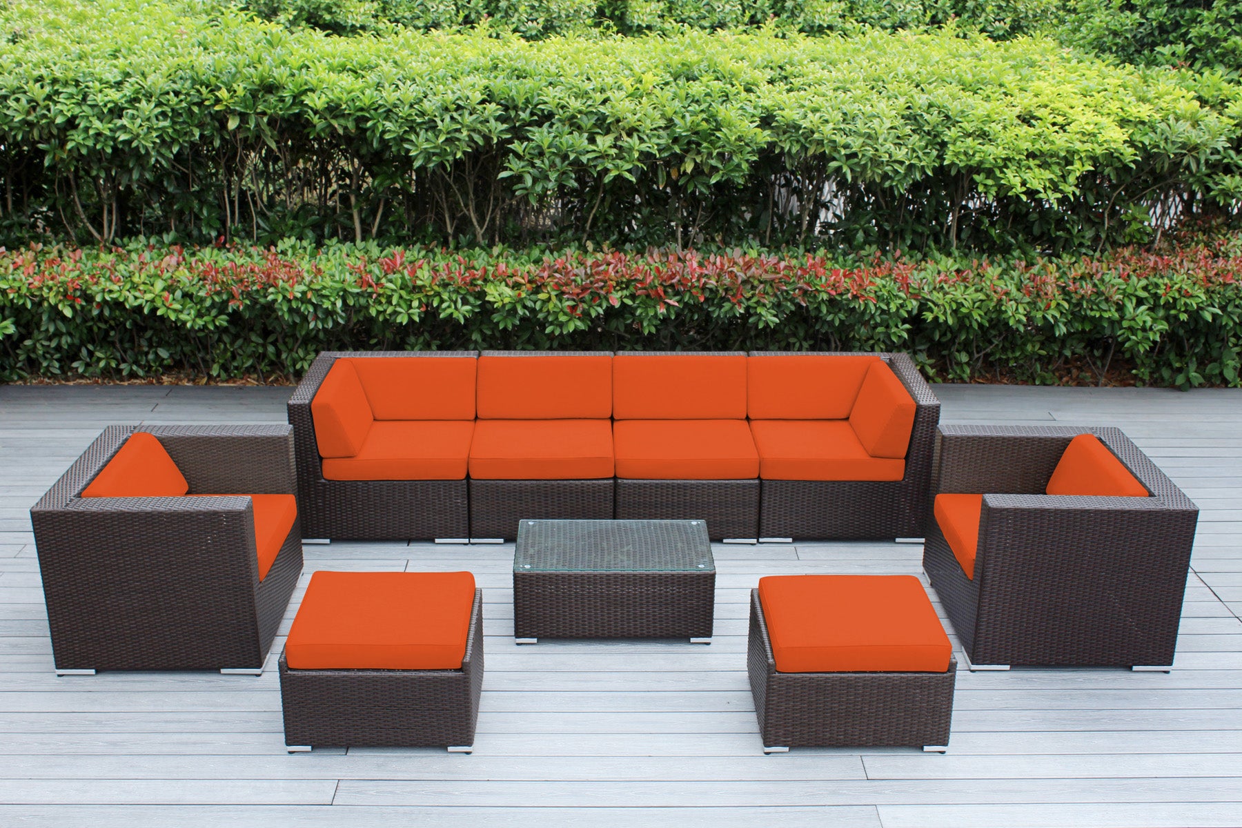 Fully Assembled Rainshield Patio Furniture - Ohana 9 Piece Sectional with Club Chairs and 6-inch Cushions