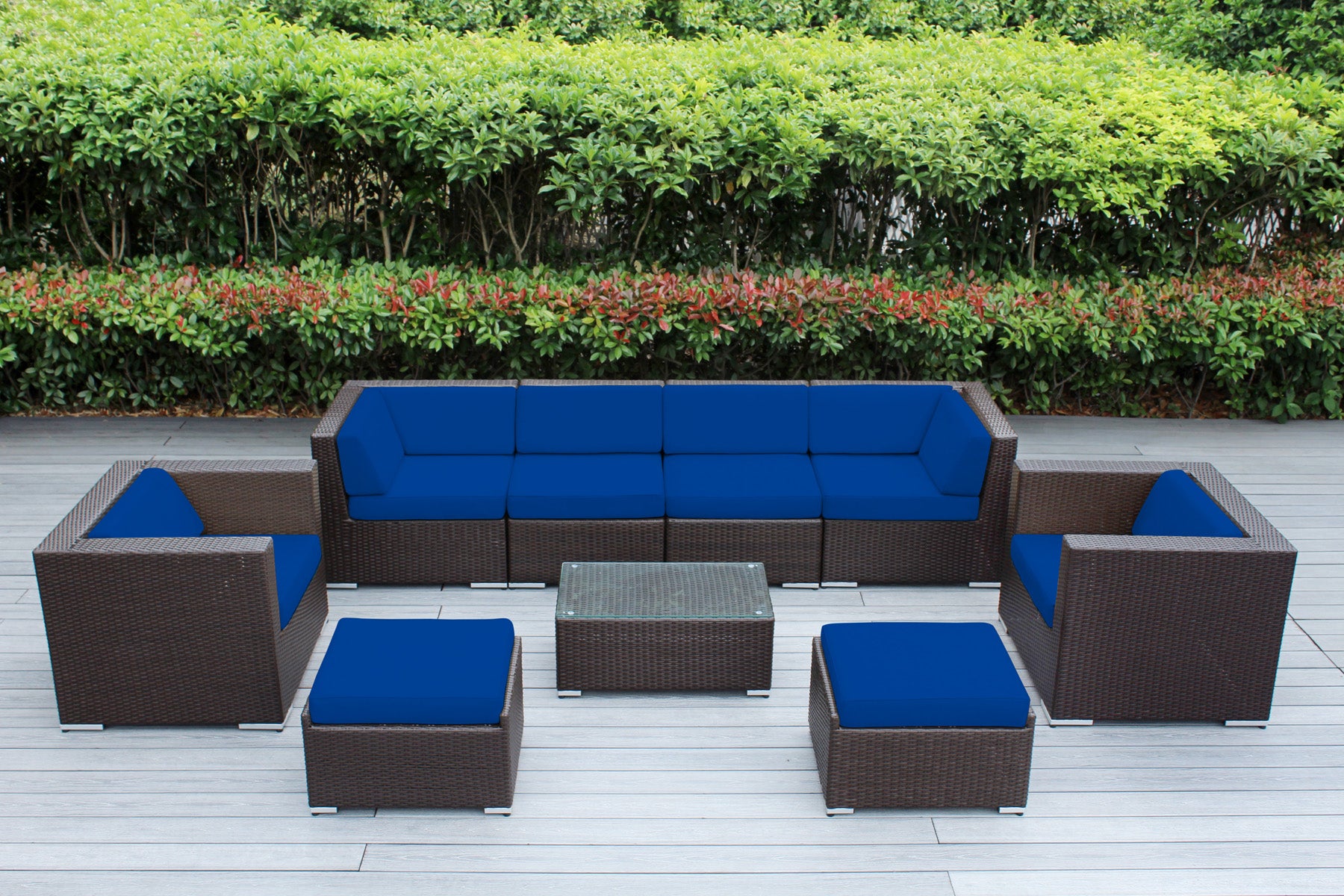 Fully Assembled Rainshield Patio Furniture - Ohana 9 Piece Sectional with Club Chairs and 6-inch Cushions