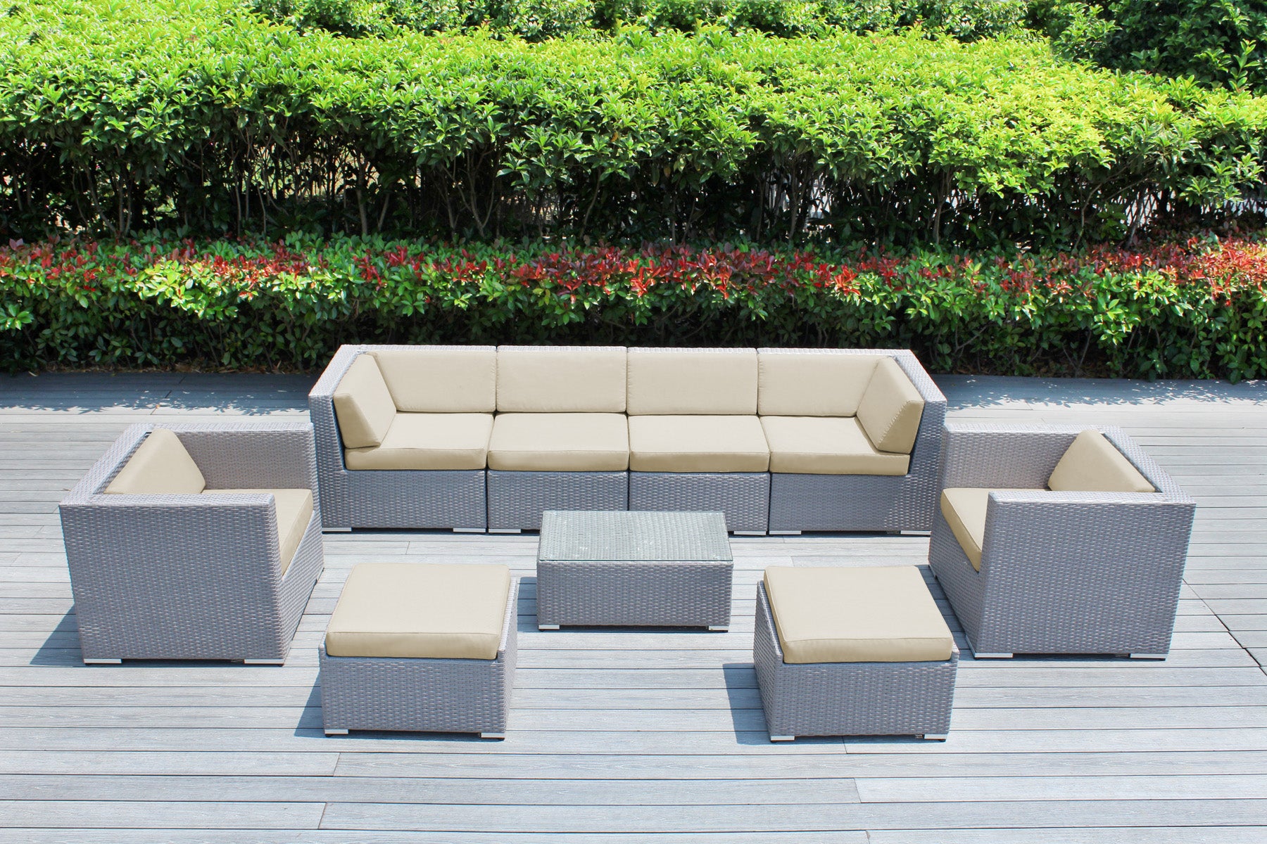 Fully Assembled Rainshield Patio Furniture - Ohana 9 Piece Sectional with Club Chairs and 6-inch Cushions
