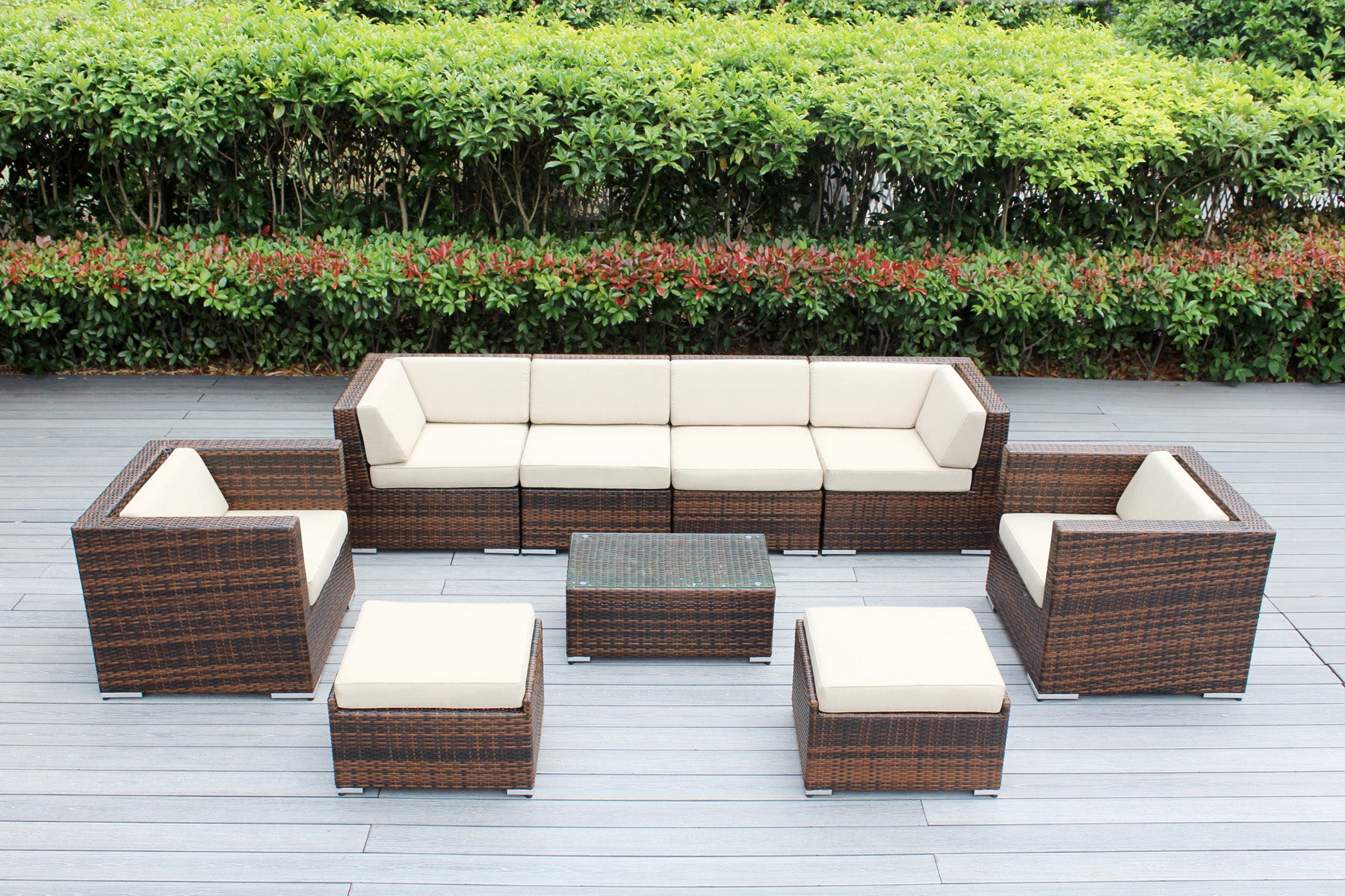 Fully Assembled Rainshield Patio Furniture - Ohana 9 Piece Sectional with Club Chairs and 6-inch Cushions