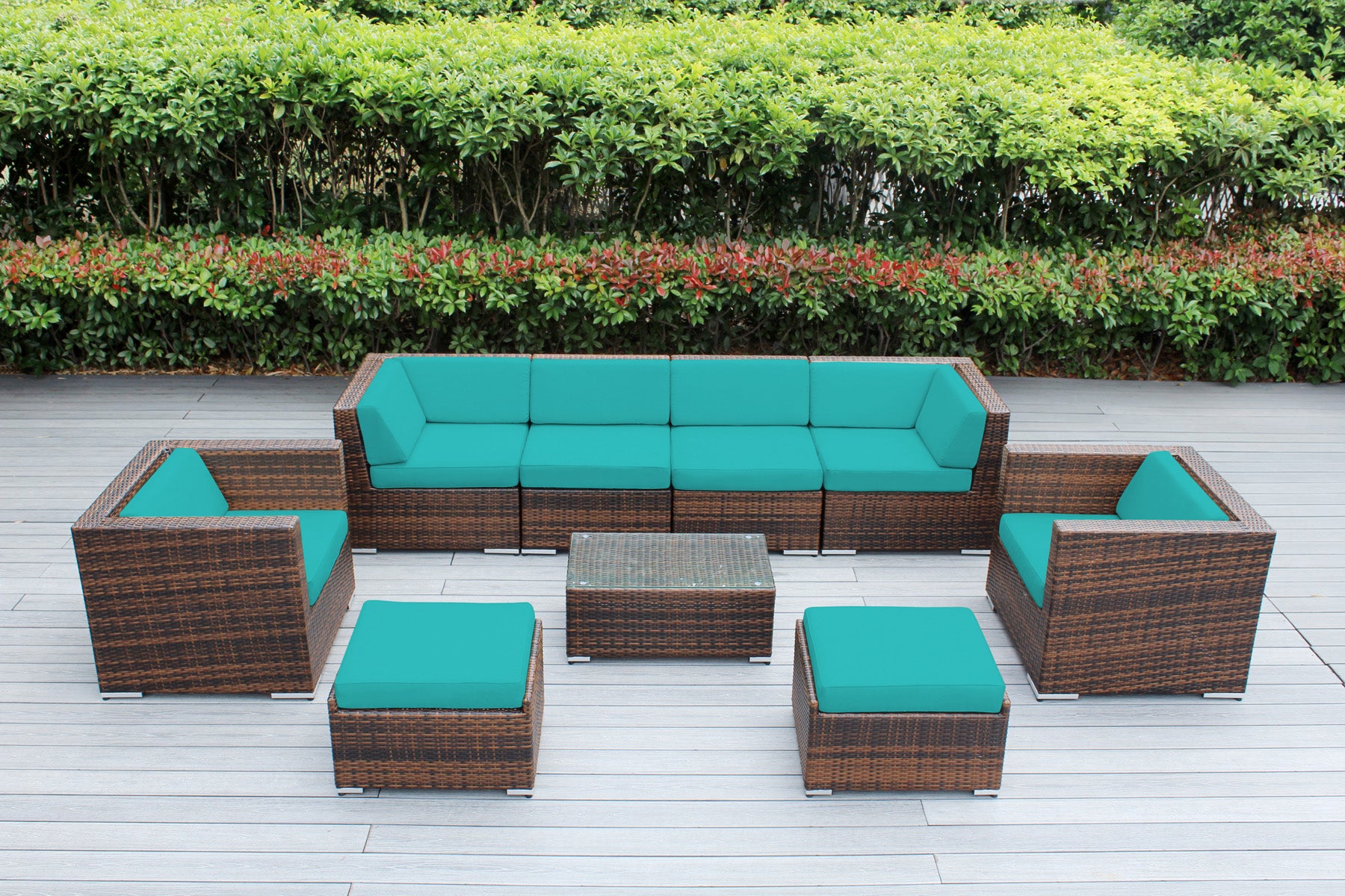 Fully Assembled Rainshield Patio Furniture - Ohana 9 Piece Sectional with Club Chairs and 6-inch Cushions