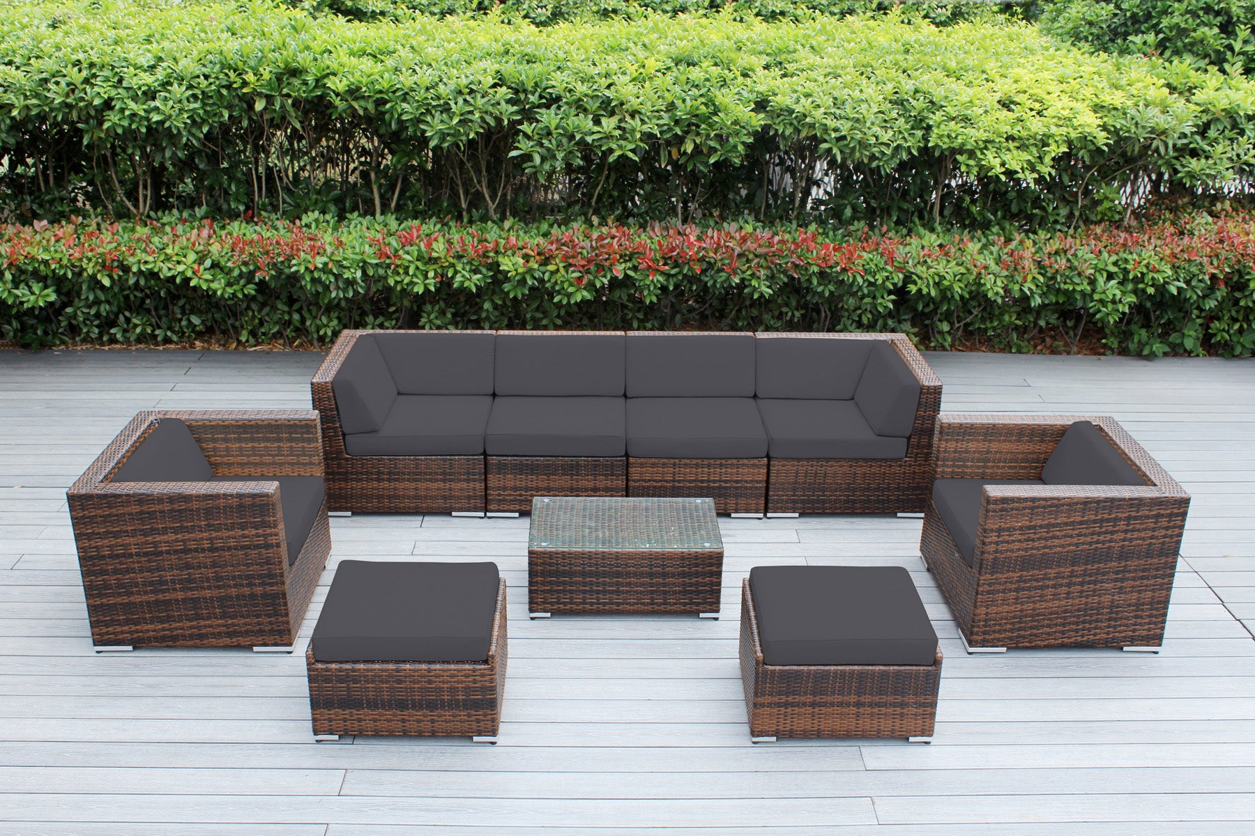 Fully Assembled Rainshield Patio Furniture - Ohana 9 Piece Sectional with Club Chairs and 6-inch Cushions