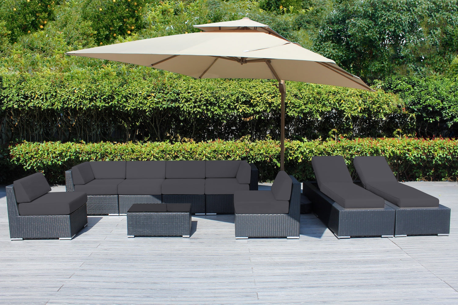 Fully Assembled Rainshield Patio Furniture - Ohana 9 Piece Outdoor Sectional and Chaise Lounge with 6-inch Cushions