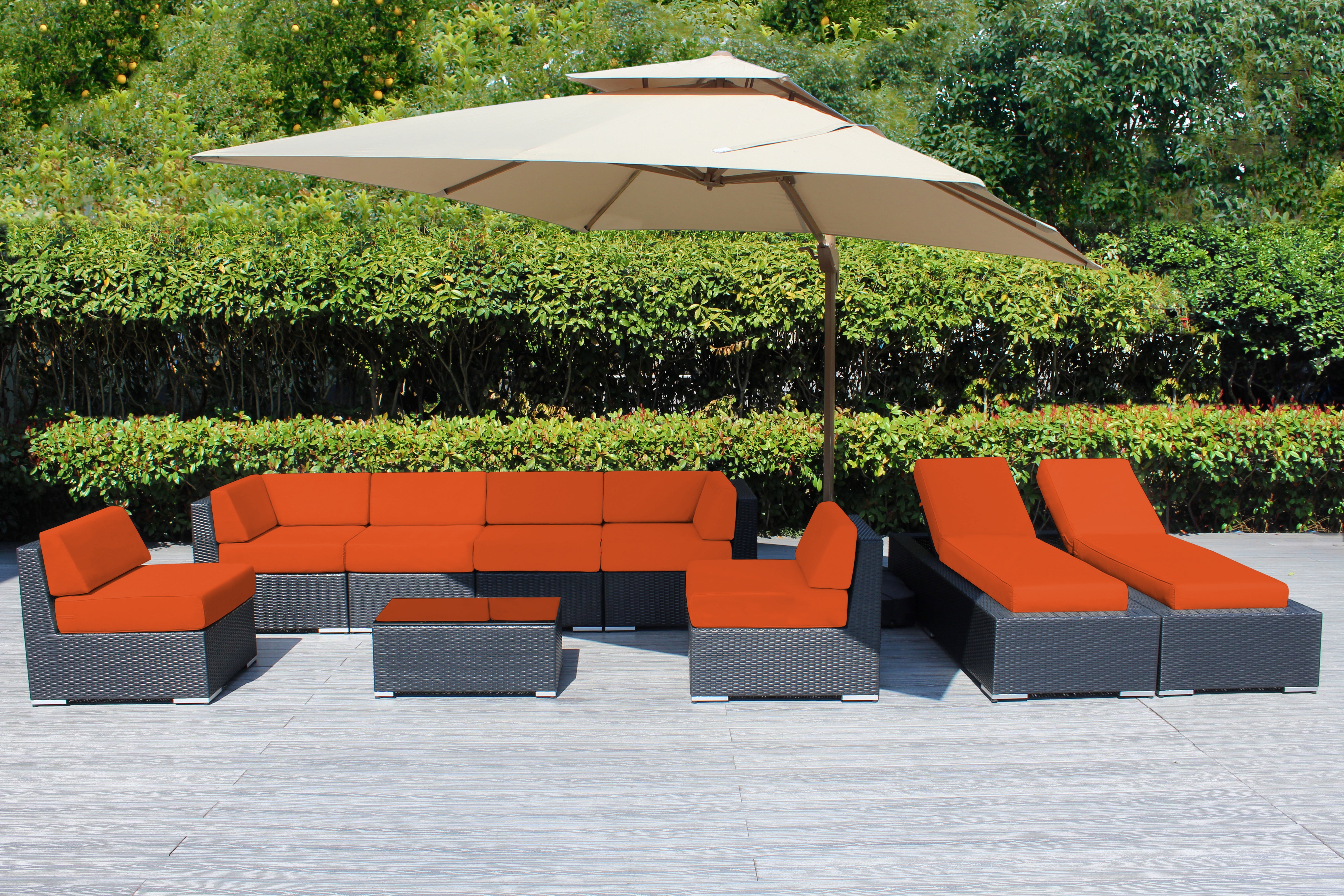 Fully Assembled Rainshield Patio Furniture - Ohana 9 Piece Outdoor Sectional and Chaise Lounge with 6-inch Cushions