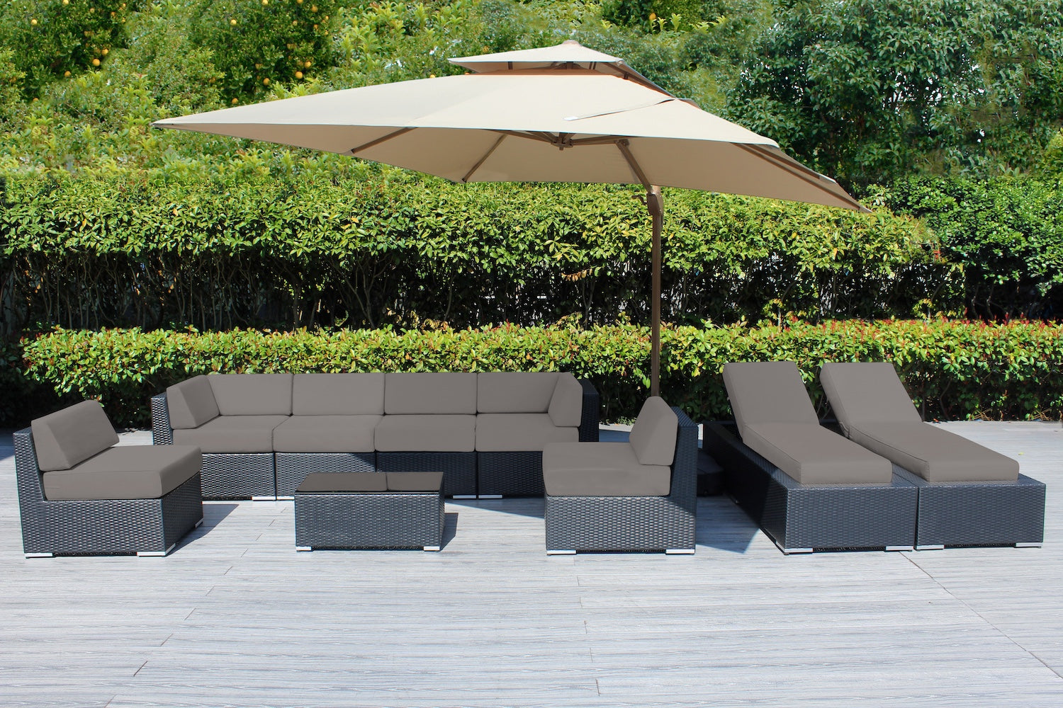Fully Assembled Rainshield Patio Furniture - Ohana 9 Piece Outdoor Sectional and Chaise Lounge with 6-inch Cushions