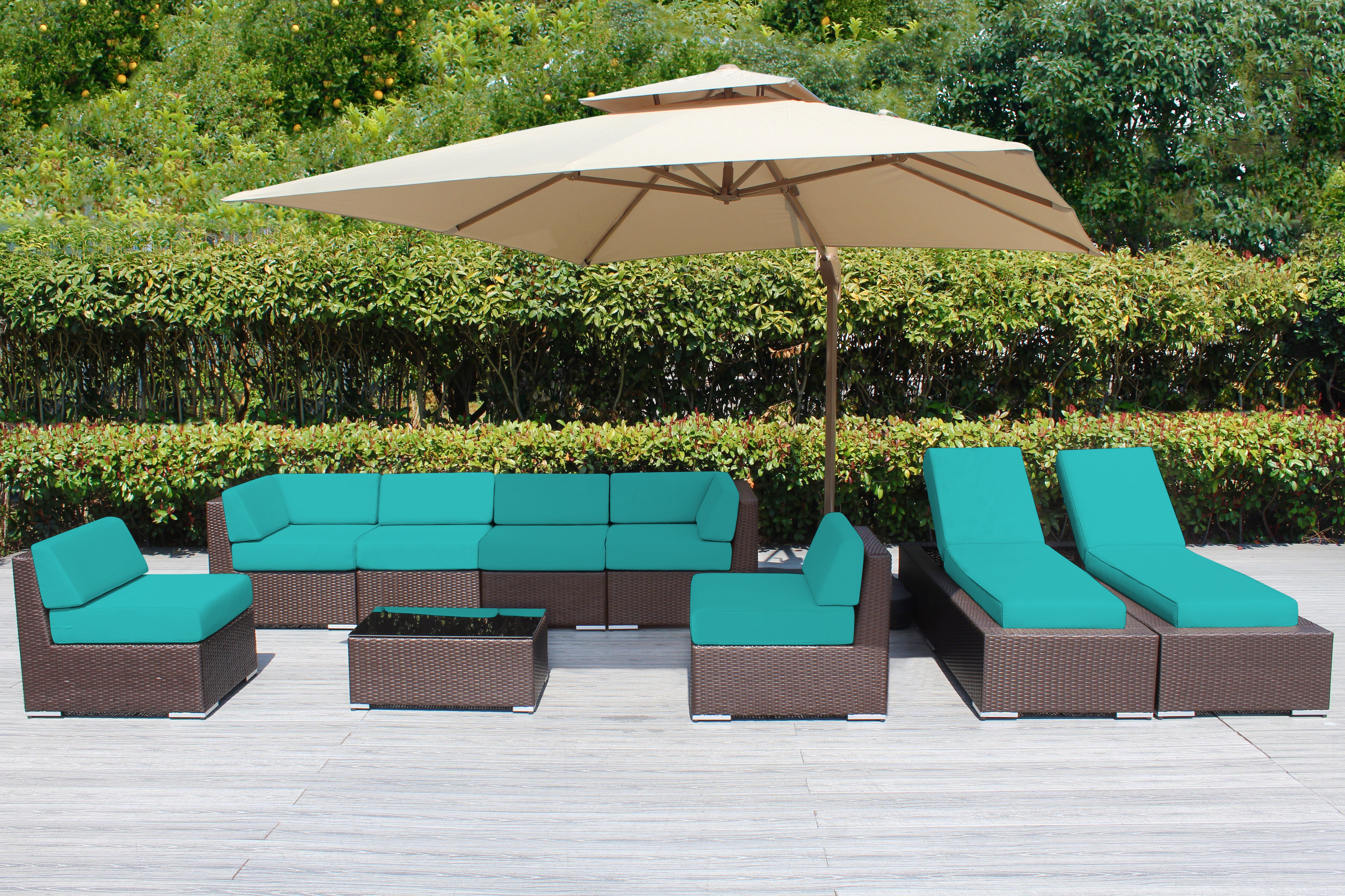 Fully Assembled Rainshield Patio Furniture - Ohana 9 Piece Outdoor Sectional and Chaise Lounge with 6-inch Cushions