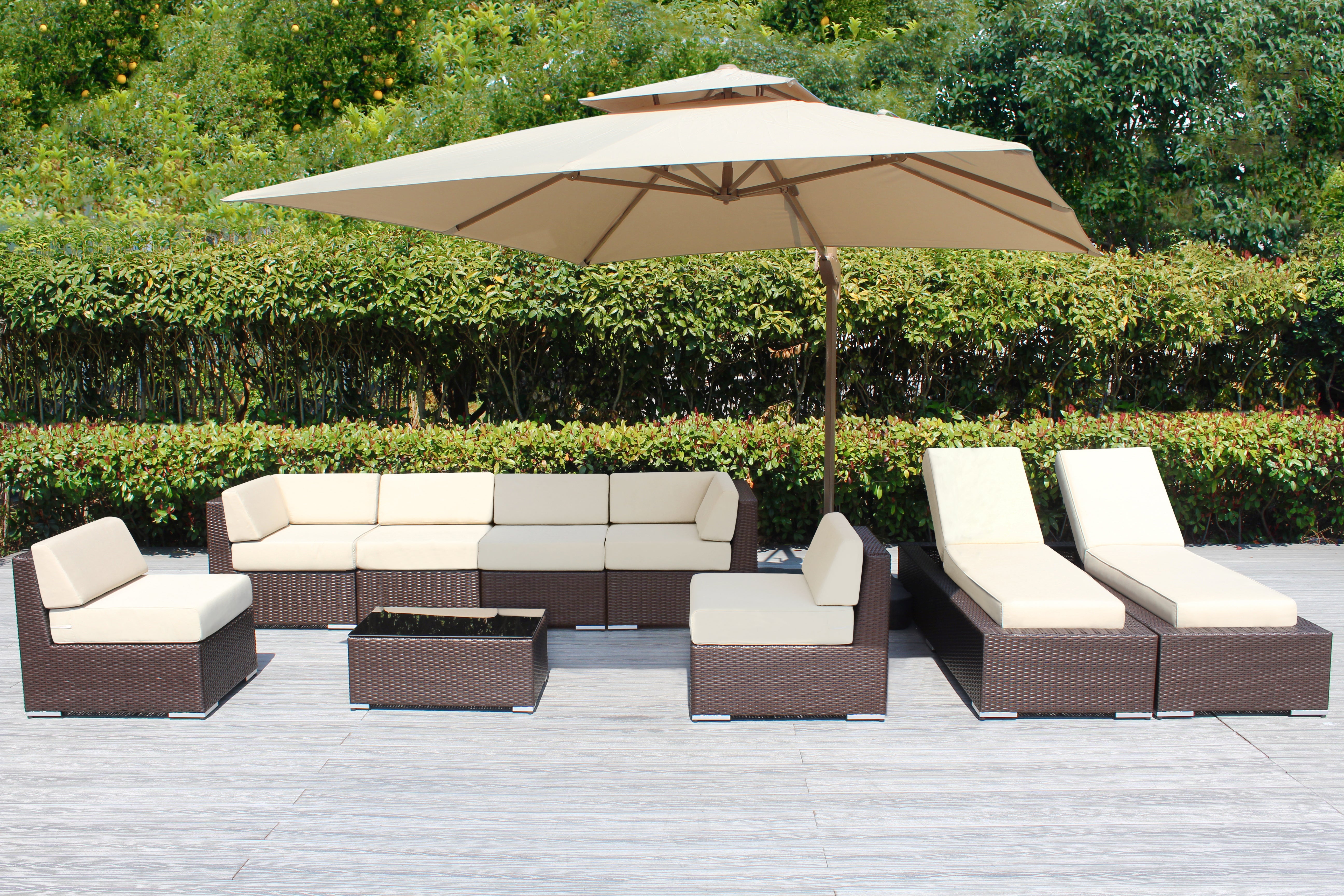 Fully Assembled Rainshield Patio Furniture - Ohana 9 Piece Outdoor Sectional and Chaise Lounge with 6-inch Cushions
