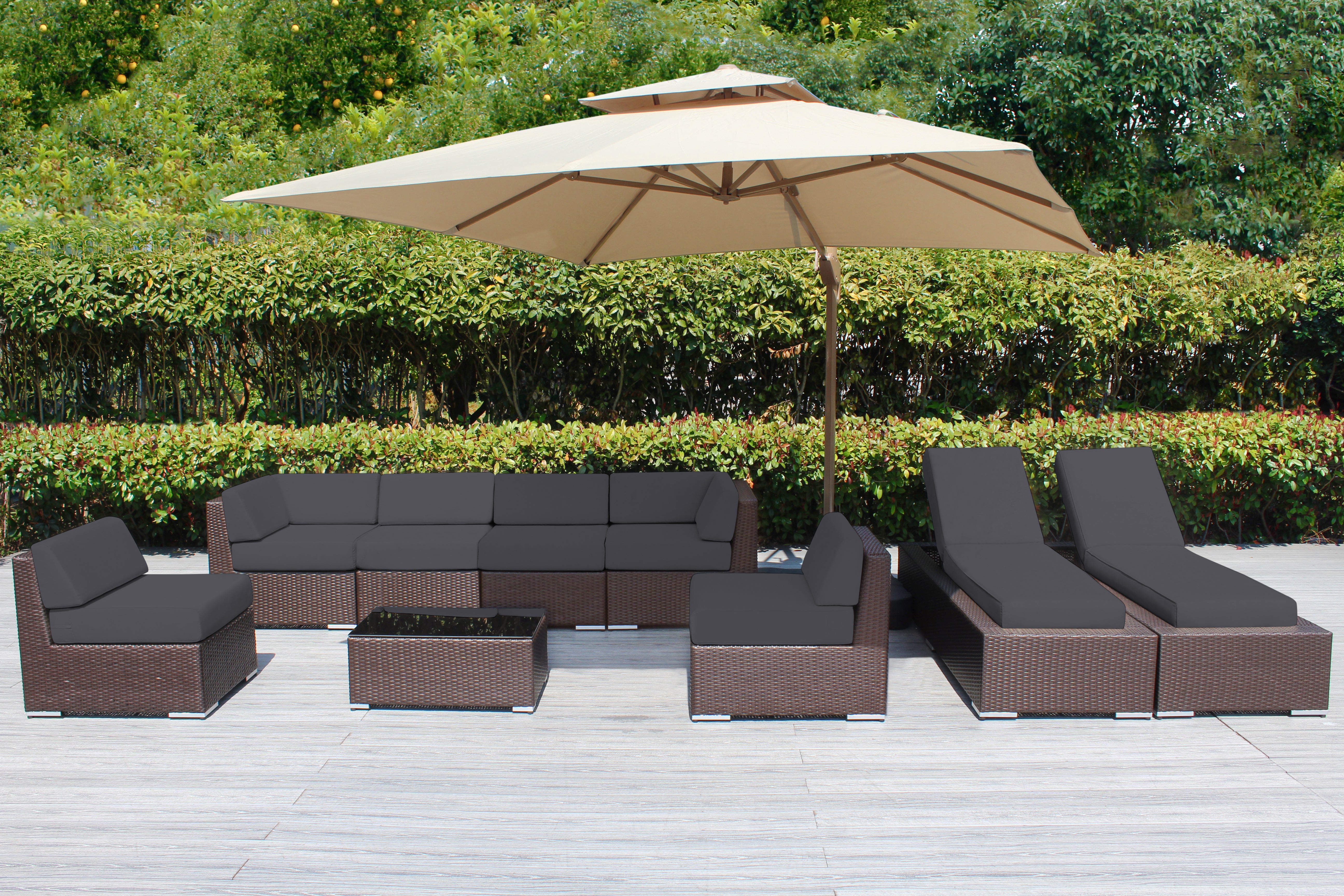 Fully Assembled Rainshield Patio Furniture - Ohana 9 Piece Outdoor Sectional and Chaise Lounge with 6-inch Cushions