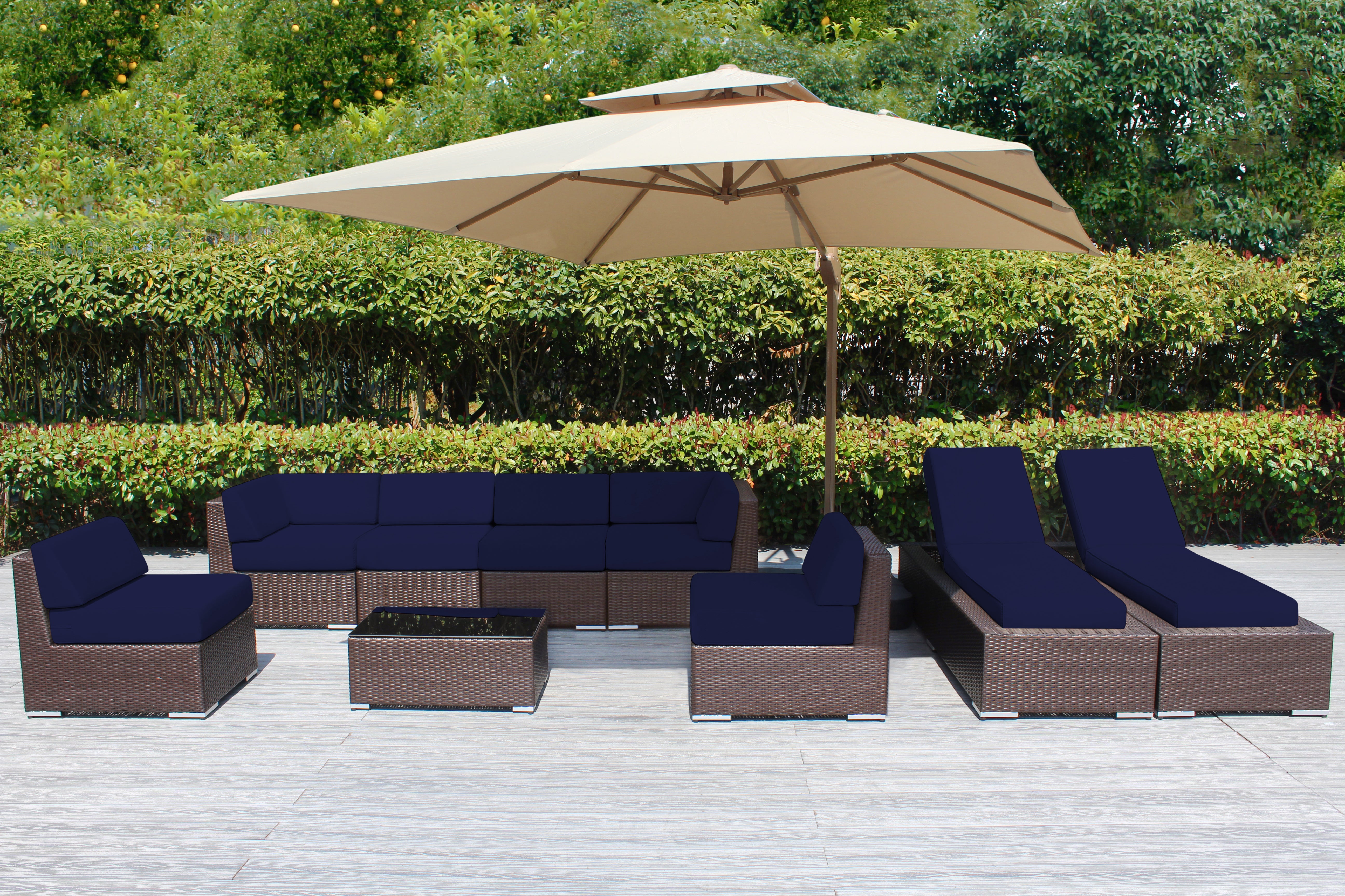 Fully Assembled Rainshield Patio Furniture - Ohana 9 Piece Outdoor Sectional and Chaise Lounge with 6-inch Cushions